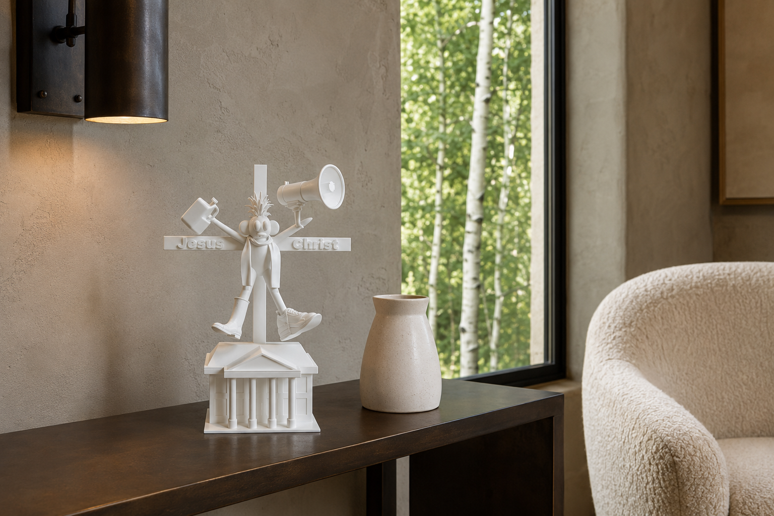 Pretend Shaman, 6-inch sculpture displayed in a contemporary interior
