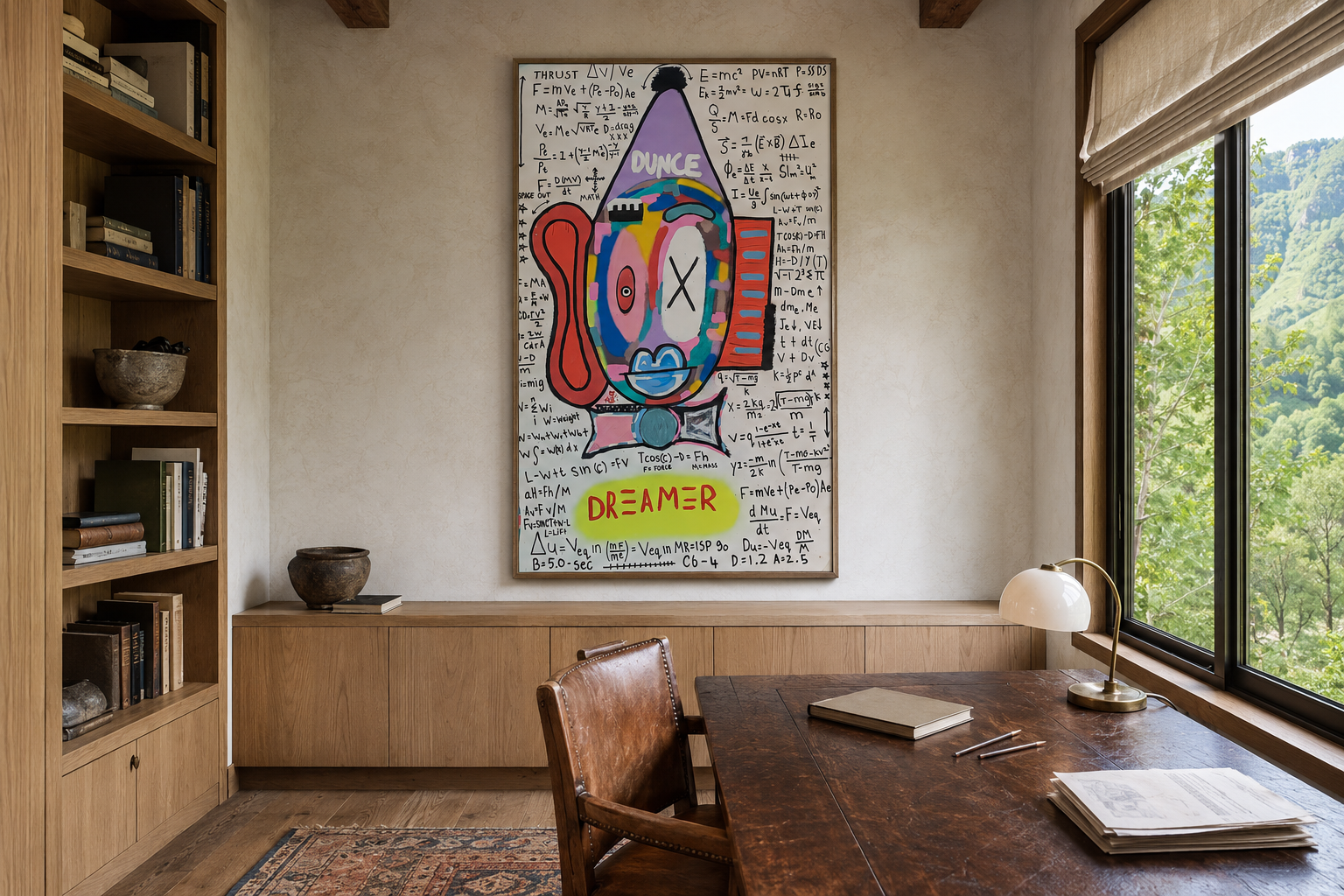 Dunce, acrylic, spray-paint and ink work on canvas by Alexander Reagan displayed in a contemporary interior