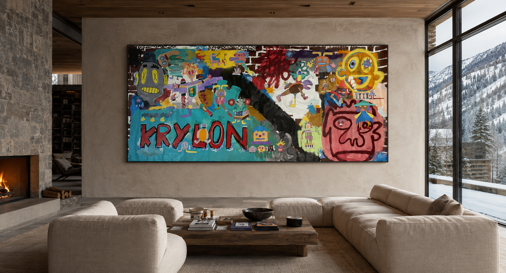Krylon Men, oil and acrylic painting on canvas by Alexander Reagan displayed in a contemporary interior