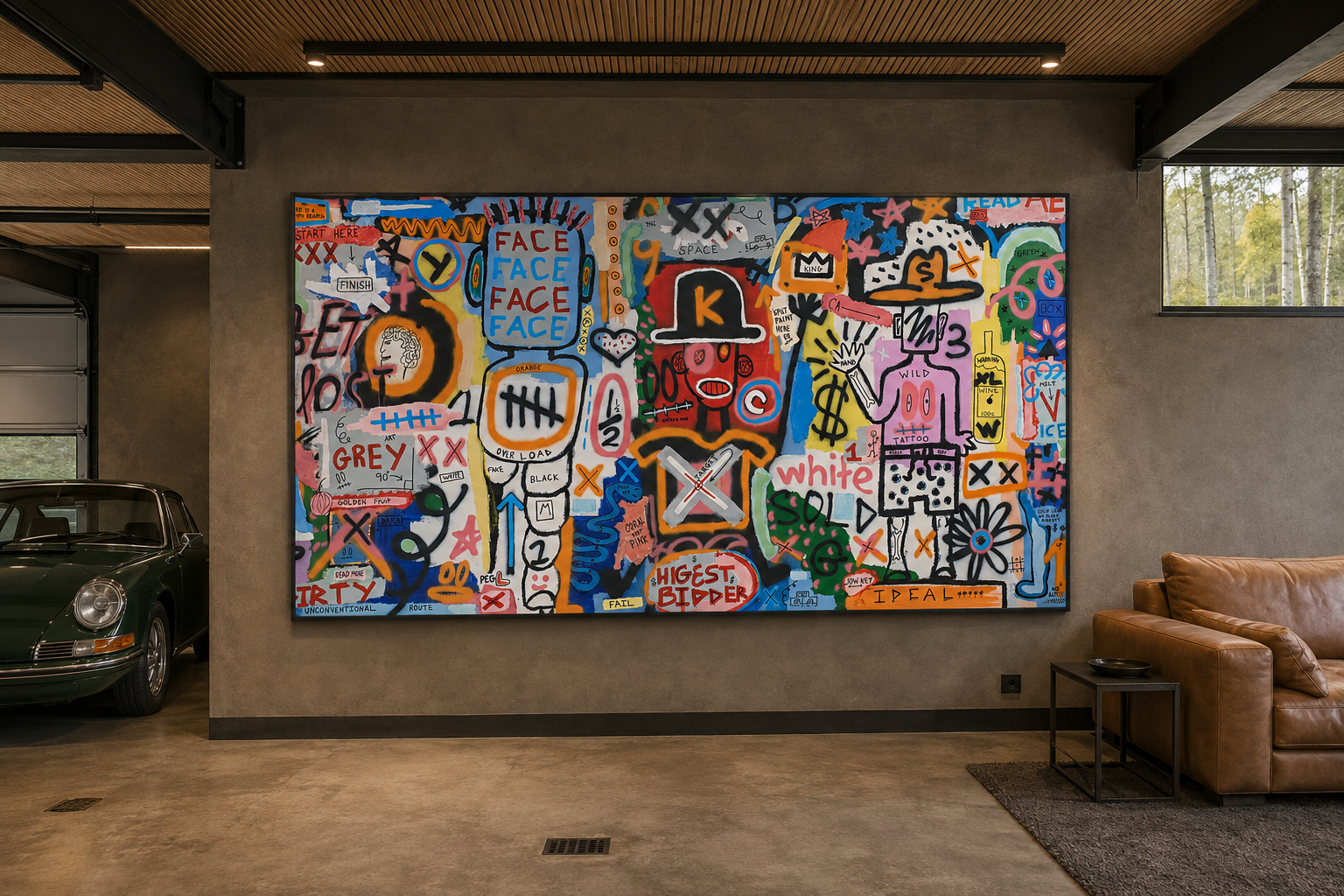 Mr Auction, mixed-media painting on canvas by Alexander Reagan displayed in a contemporary interior