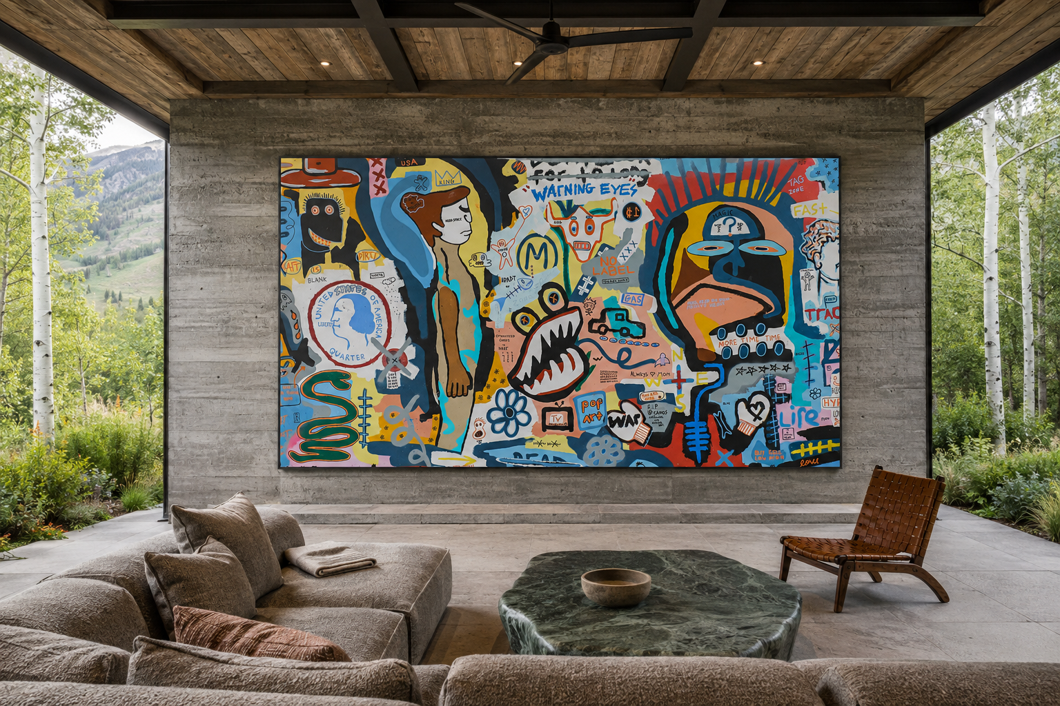 Organized Chaos, mixed-media painting on canvas by Alexander Reagan displayed in a contemporary interior
