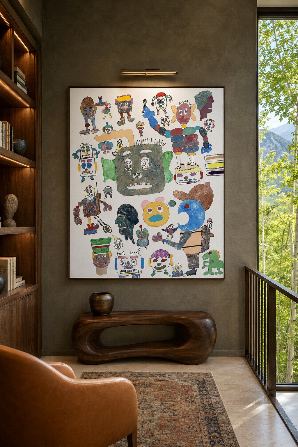 Mr. R Heaven 2, acrylic, oil and spray-paint work on canvas by Alexander Reagan displayed in a contemporary interior