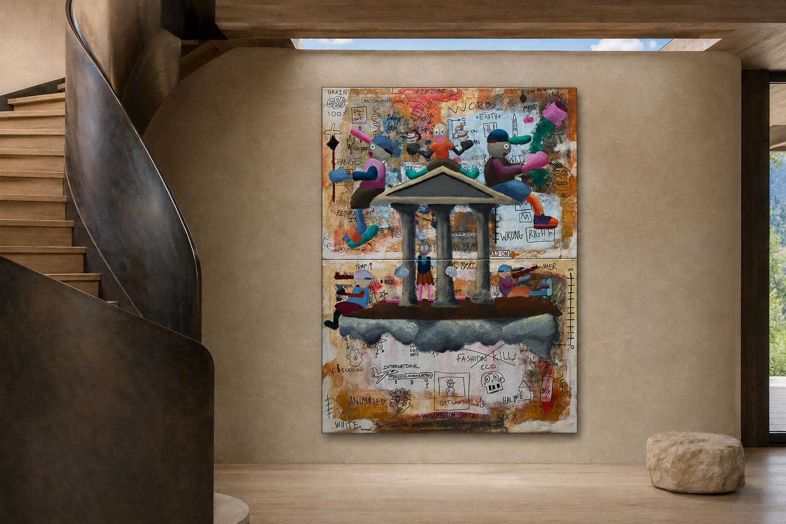 Cartoon Gods, mixed-media diptych by Alexander Reagan displayed in a contemporary interior