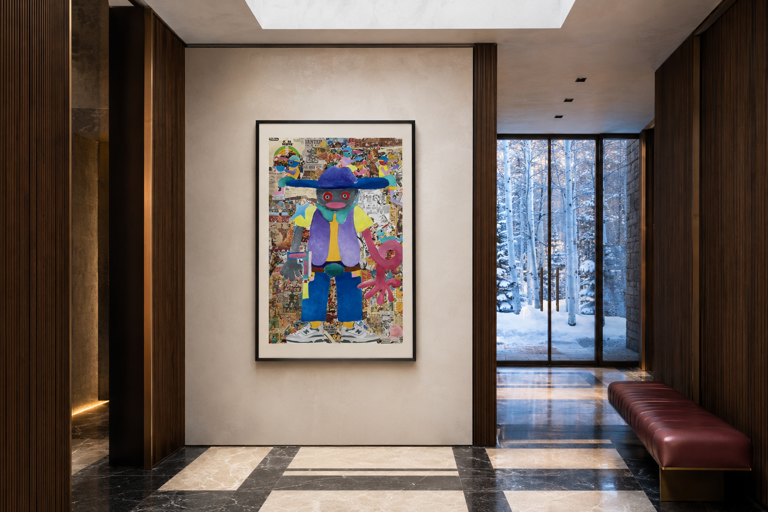 Yeee Haaa, collage and oil work on German paper by Alexander Reagan displayed in a contemporary interior