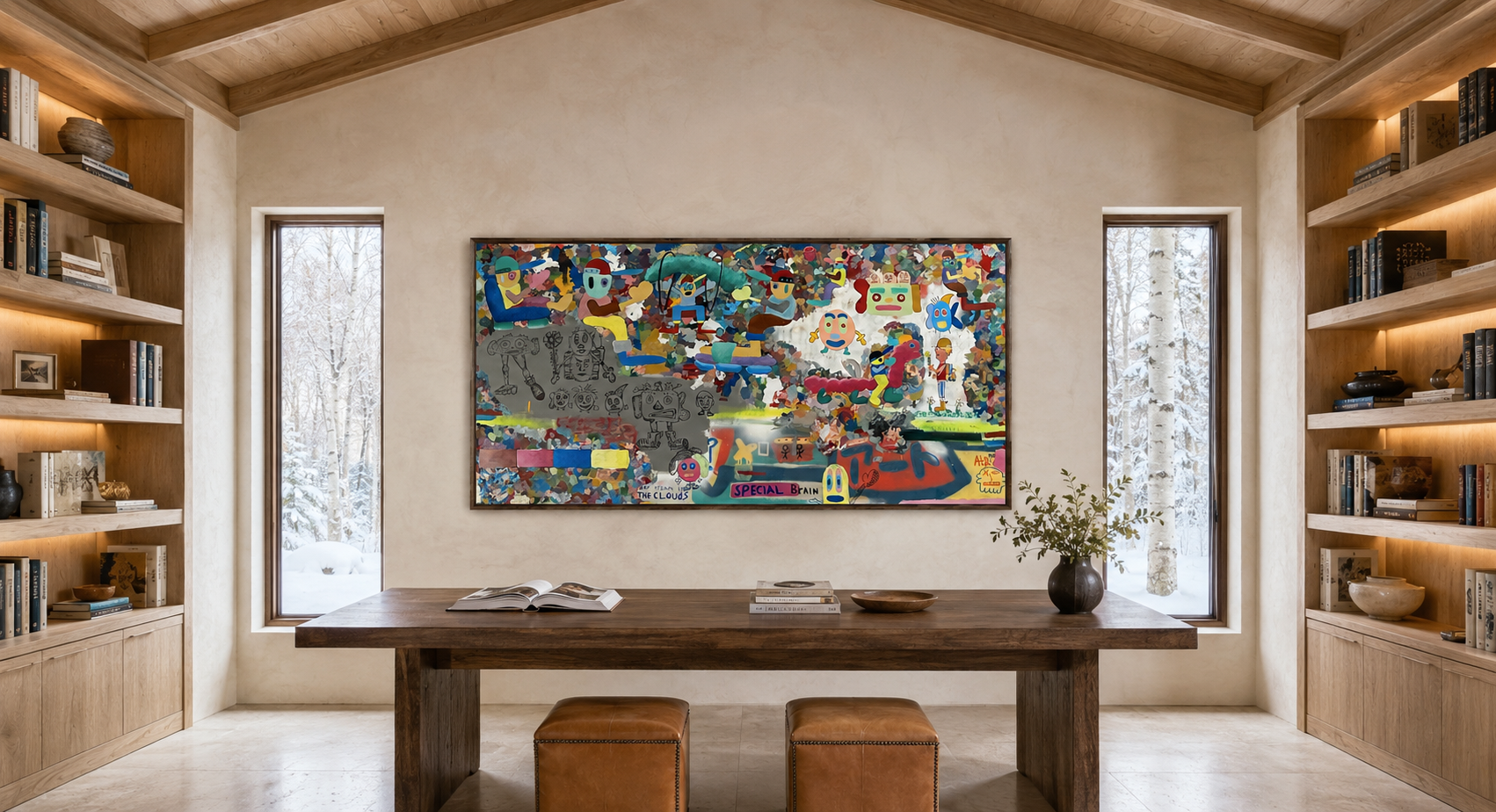 Cartoon Garden, mixed-media painting on canvas by Alexander Reagan displayed in a contemporary interior