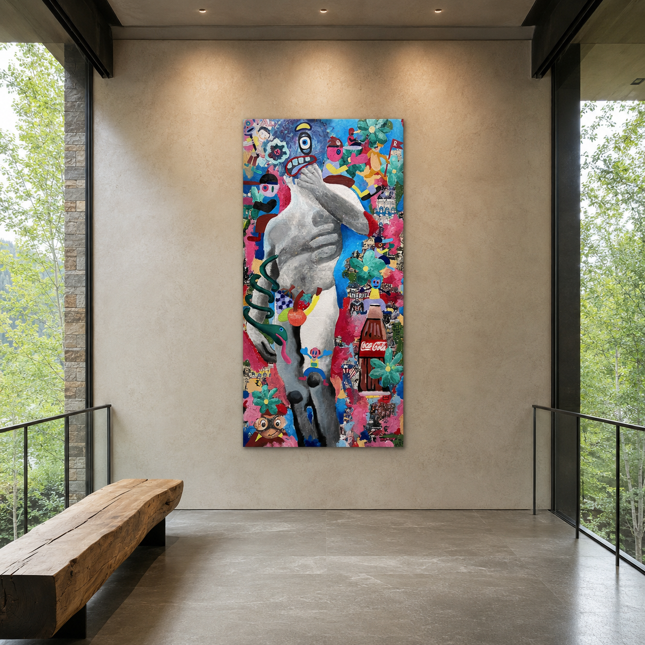 Eat My Fruit David, mixed-media painting on canvas by Alexander Reagan displayed in a contemporary interior