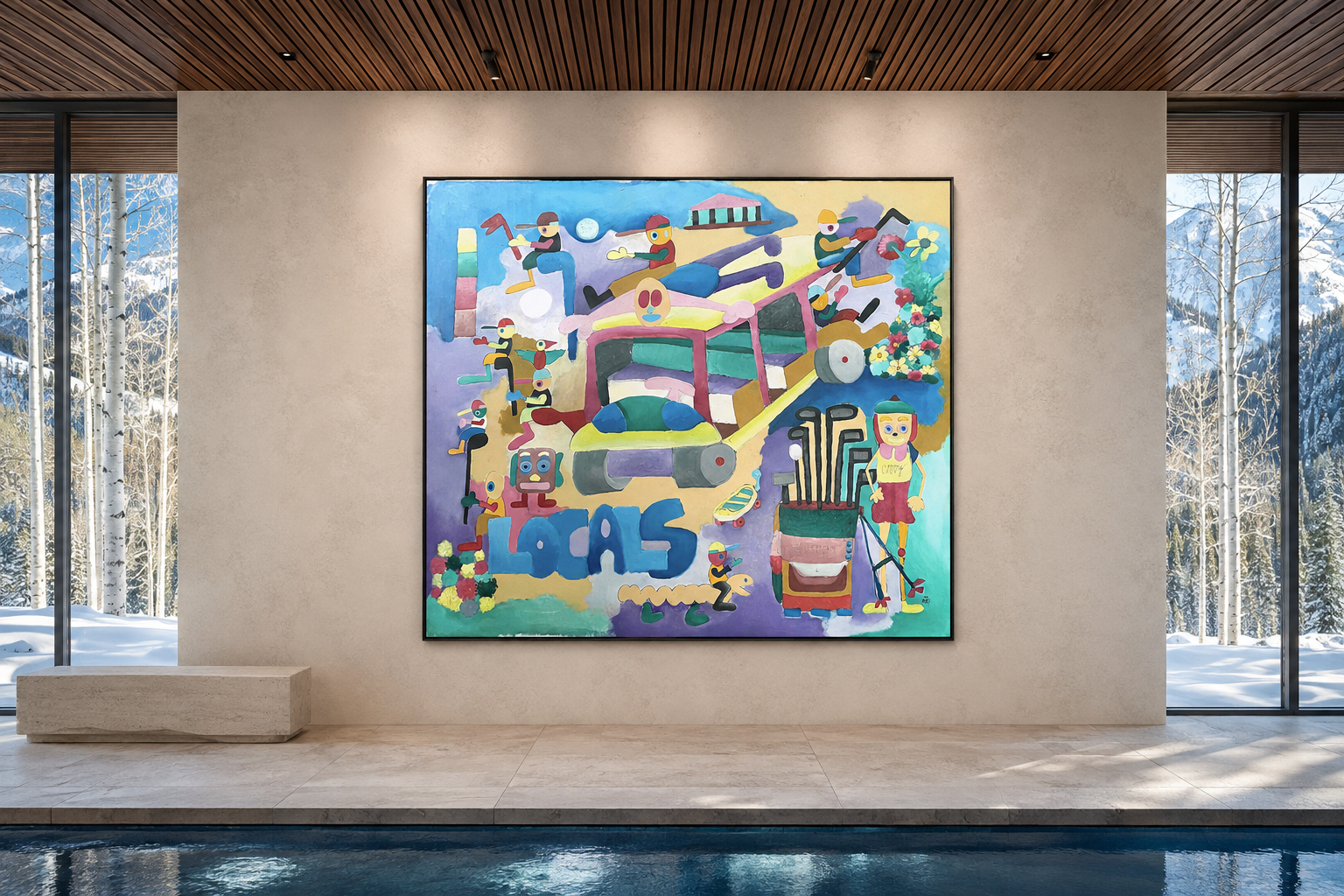 Golf Boys, oil and acrylic painting on canvas by Alexander Reagan displayed in a contemporary interior