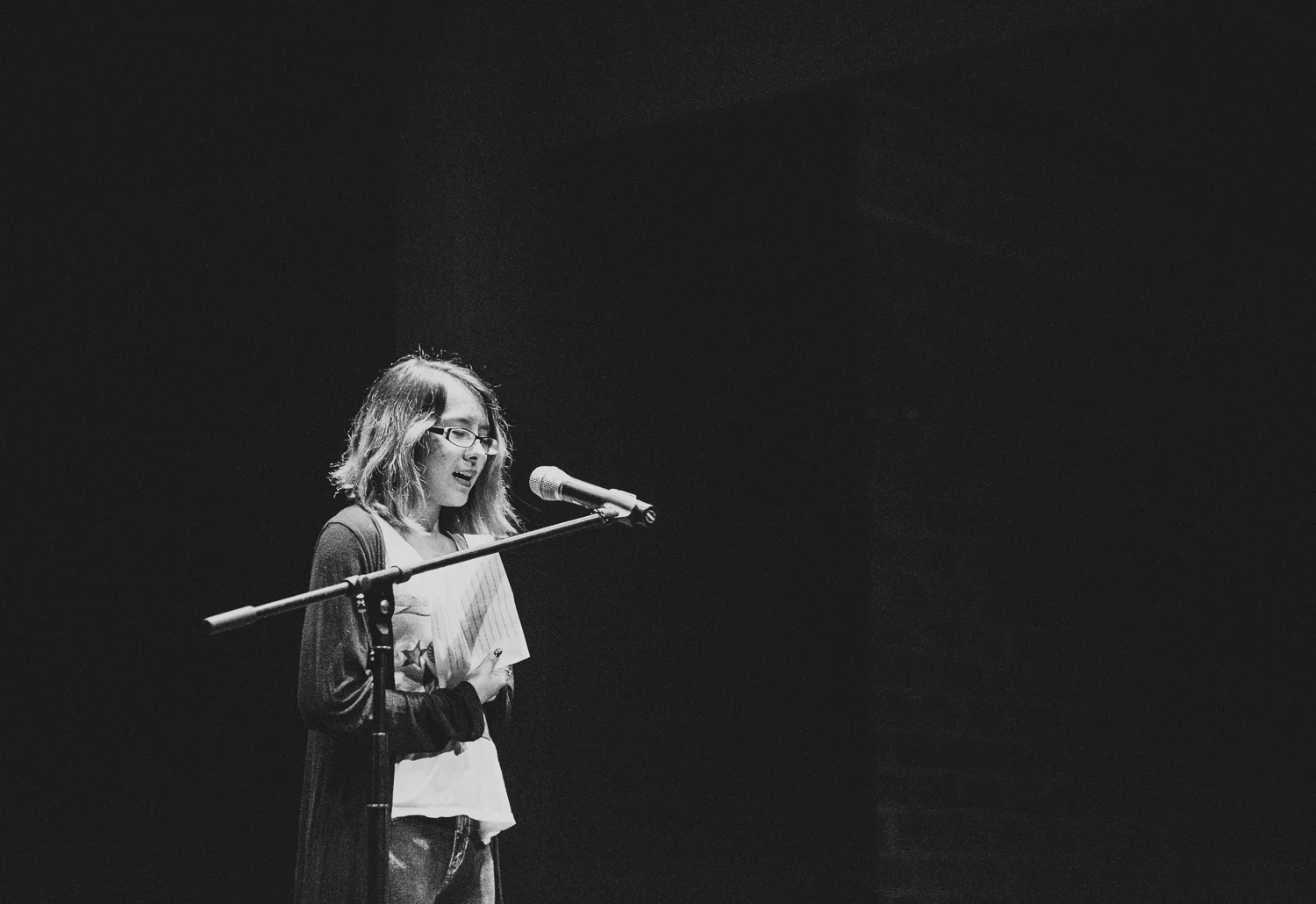 Marfa student Crystal Catano performs a monologue during the Marfa Live Arts Winter Showcase in December 2016. Photo credit: Jennifer Boomer