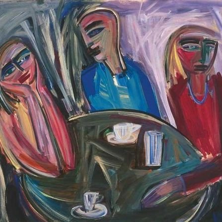 Australian born artist Vicki Varvaressos - Table Trio. (Oil on board).
 Friends with coffee &amp; one of my favourites. 💯