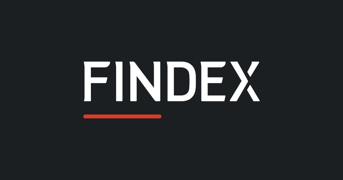 Findex logo with white text and a red underline on a dark background
