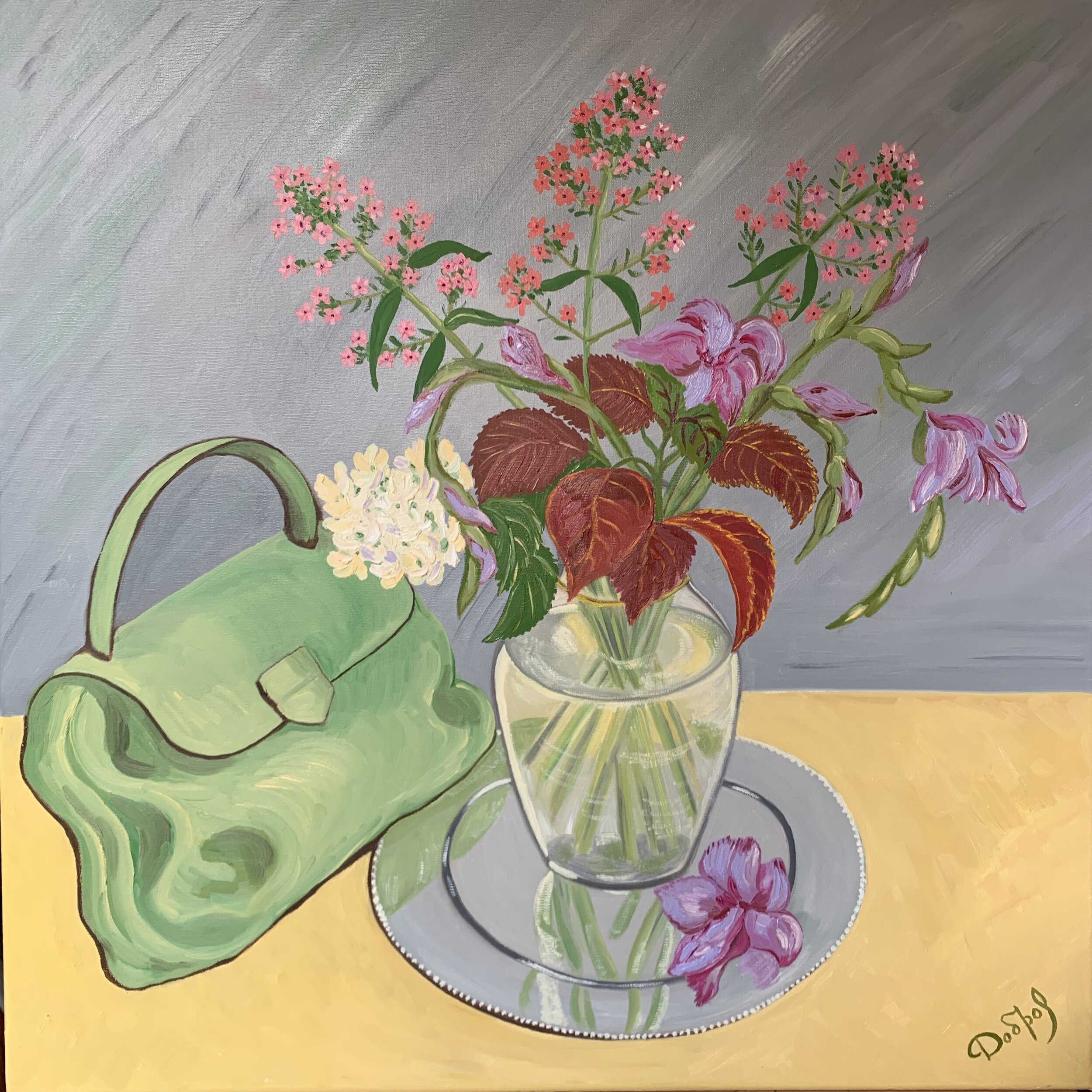 Still life with a green purse and lilac gladioluses
