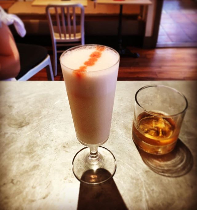 Threw together a random fizz. 
Salted Caramel Vodka &bull; Creme de Cacao &bull; Pear Liqueur &bull; Lemon &bull; Cream &bull; Egg Whites &bull; Ginger Beer &bull; Orange Oils &amp; Angostura Garnish
#latabledesophie #fizz #cocktail #cocktails #cockt