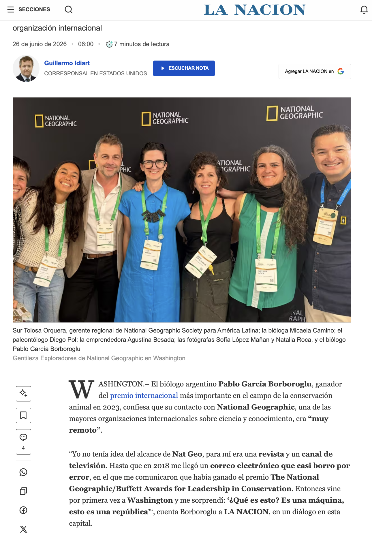 Captura de una nota de LA NACION sobre siete argentinos destacados por National Geographic, que incluye a Agustina “Tati” Besada y menciona su trabajo como cofundadora de Unplastify.