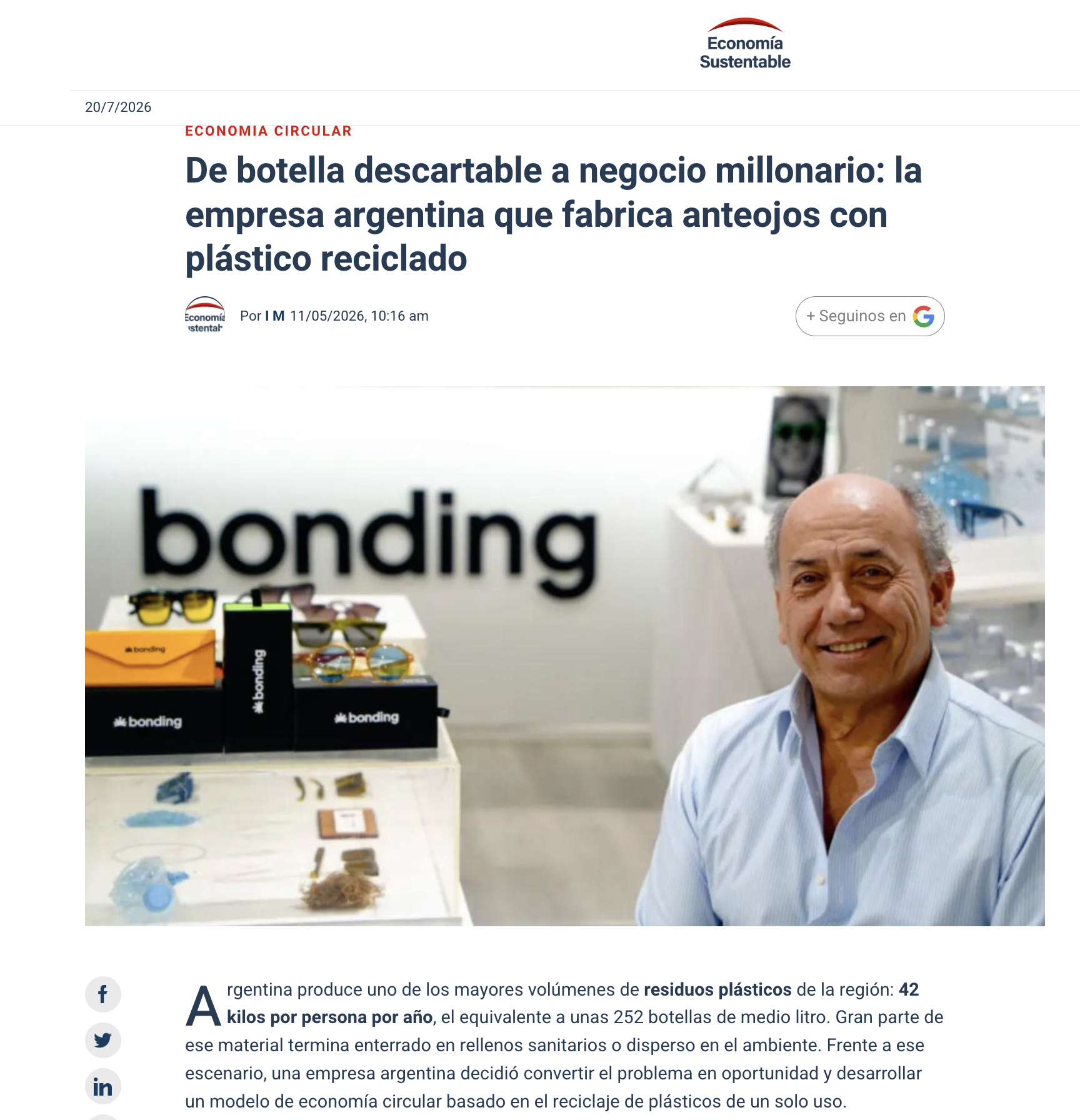 Anteojos fabricados con plástico reciclado por Bonding Eyewear, una empresa argentina que transforma botellas y envases descartables en productos de diseño.