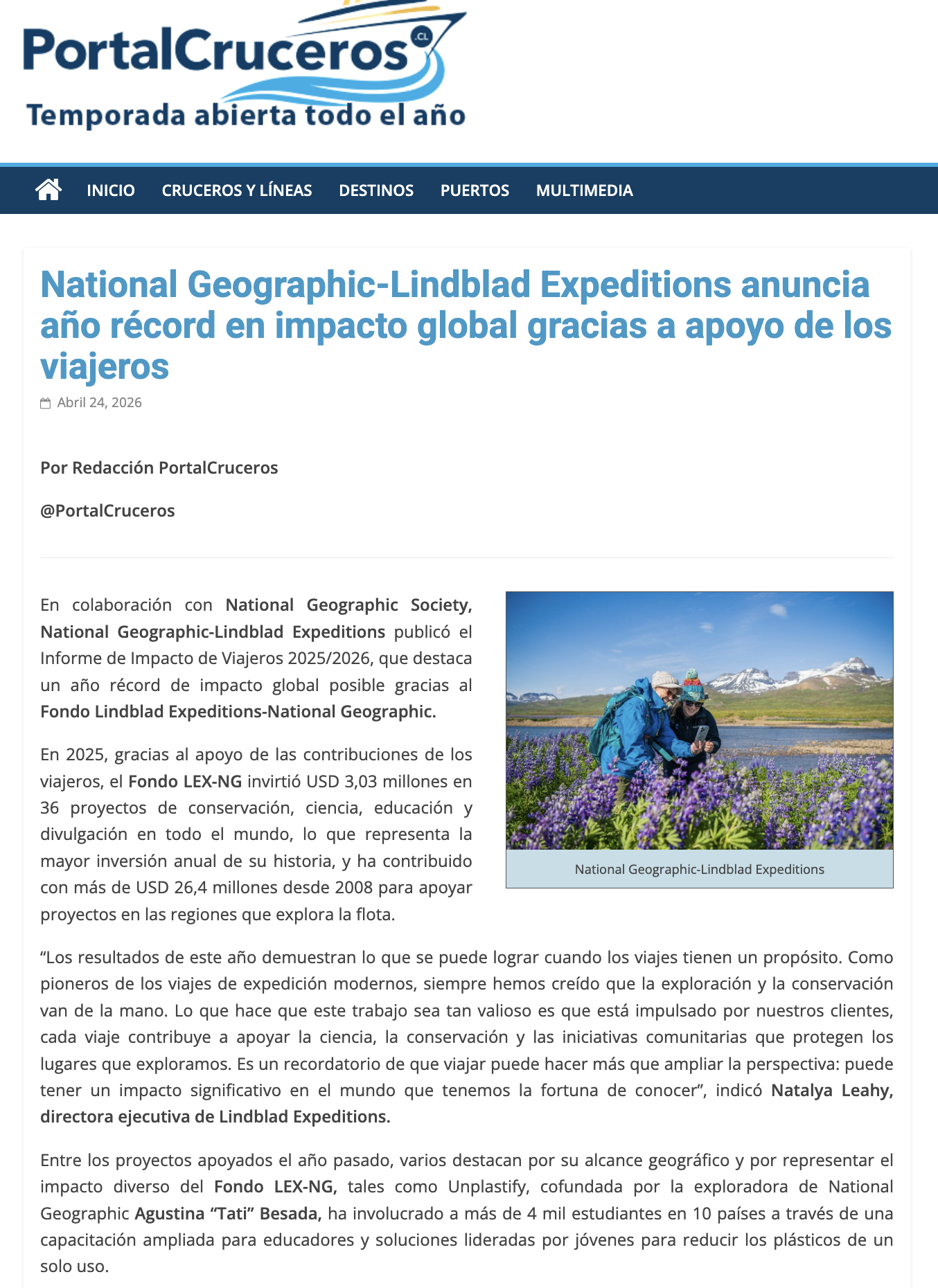 Imagen destacada de Unplastify sobre una nota de PortalCruceros que resalta su impacto global y menciona el trabajo de Tati Besada junto a más de 4.000 estudiantes en 10 países.
