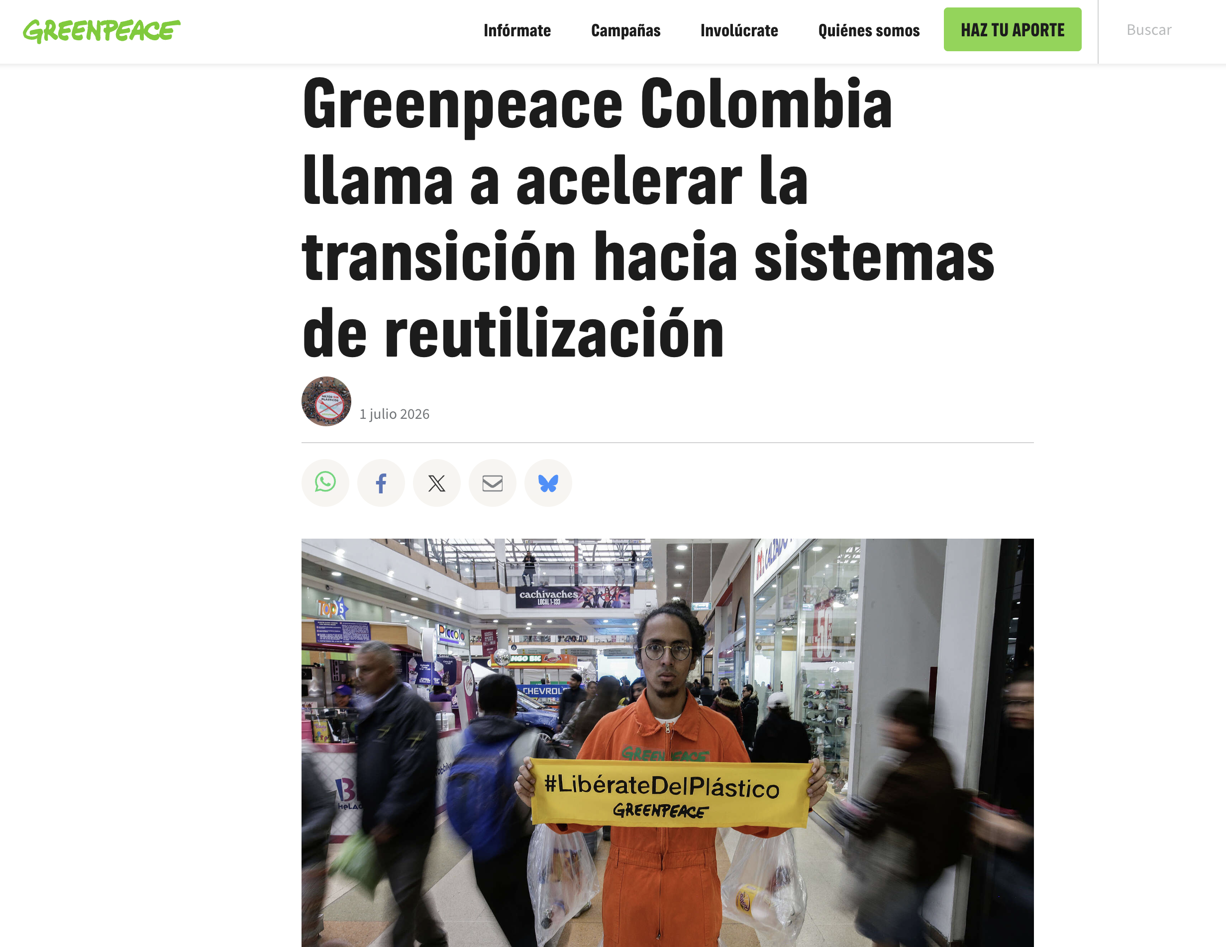 Imagen de apoyo para una nota de Greenpeace Colombia sobre el Día Mundial Libre de las Bolsas de Plástico y la necesidad de acelerar la transición hacia sistemas de reutilización.