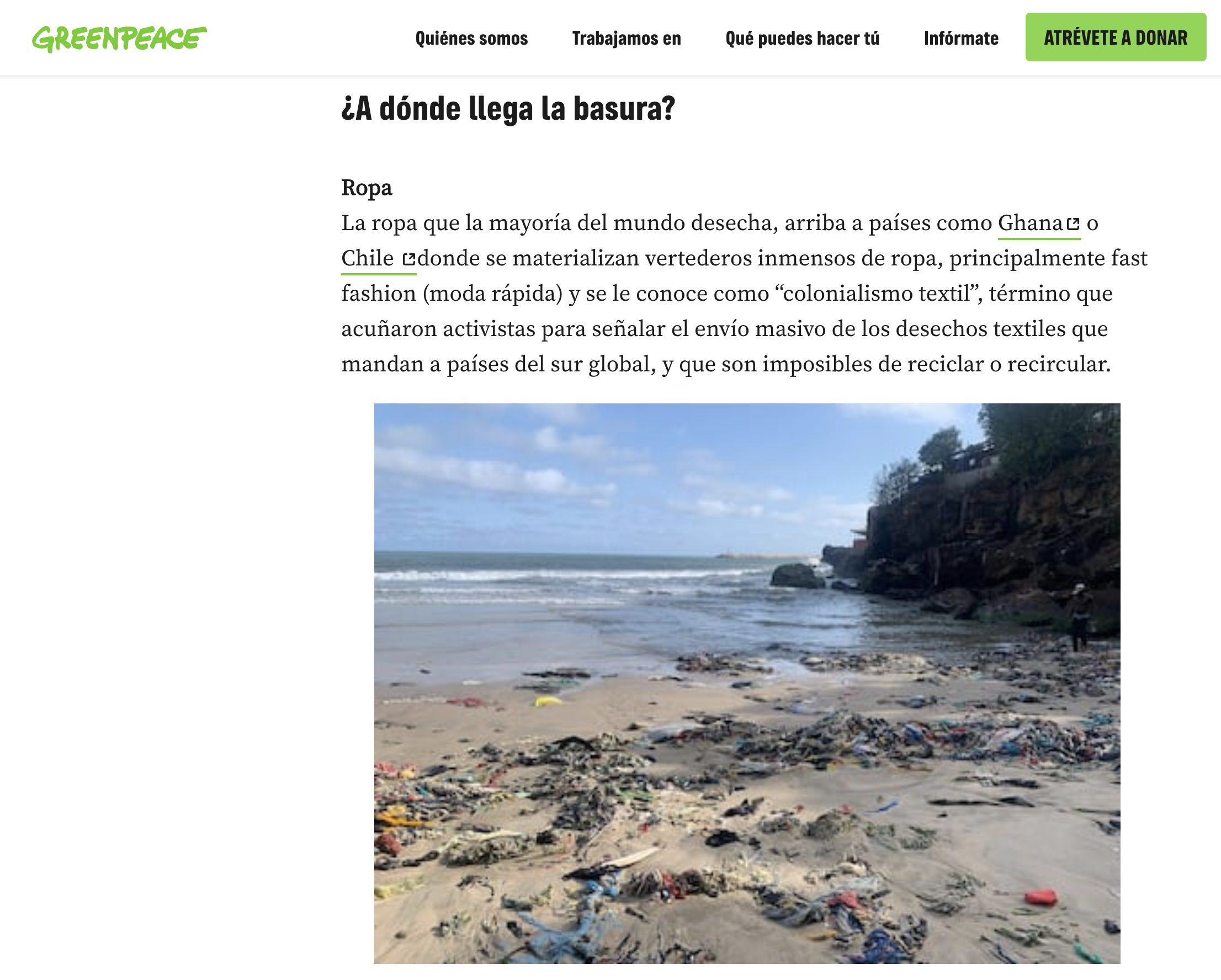 Imagen de apoyo para una noticia de Greenpeace México sobre el destino de los residuos y el impacto de la cultura de usar y tirar en la contaminación por plásticos, alimentos y ropa.