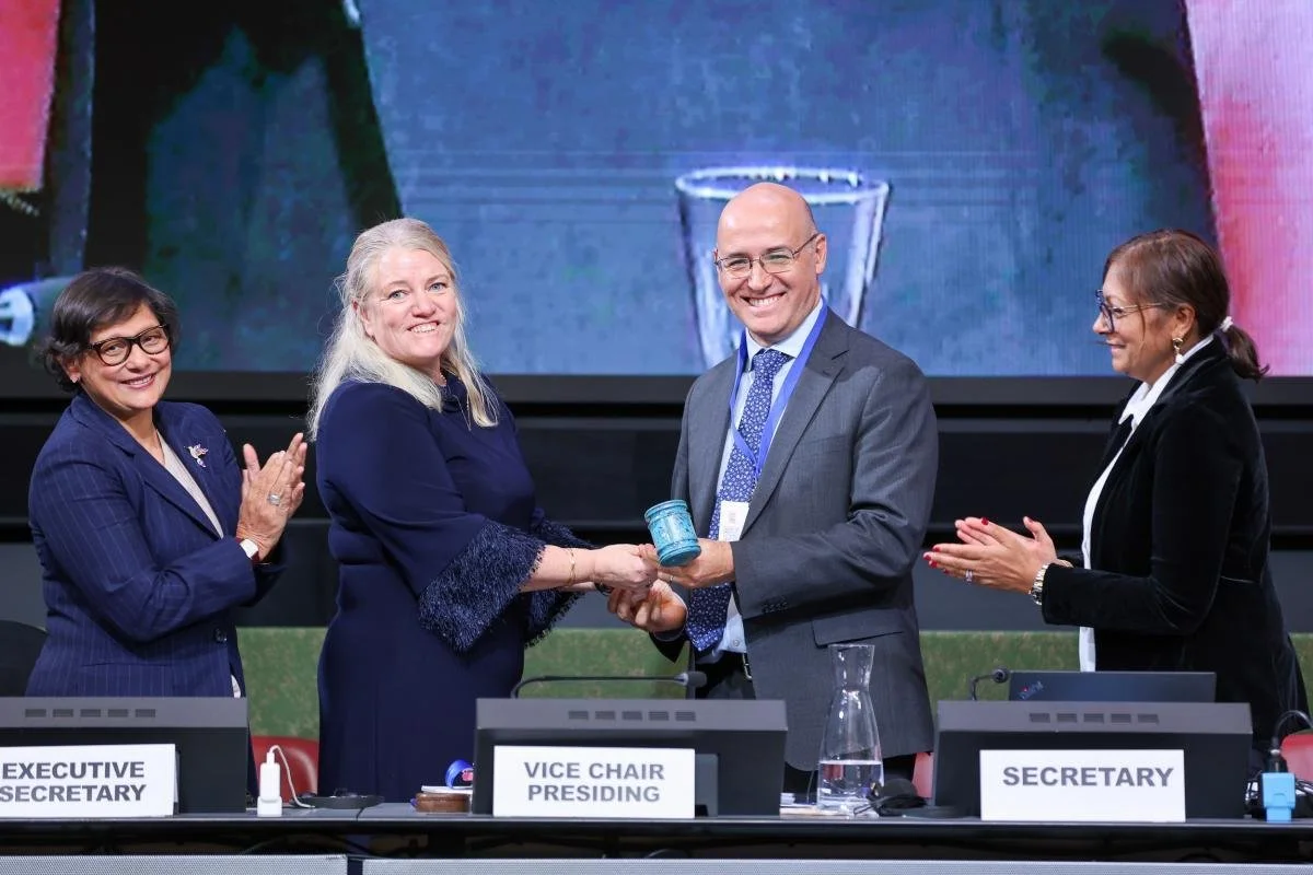 Julio Cordano recibe el martillo ceremonial tras ser elegido presidente del Comité Intergubernamental de Negociación del Tratado Global de Plásticos en Ginebra.