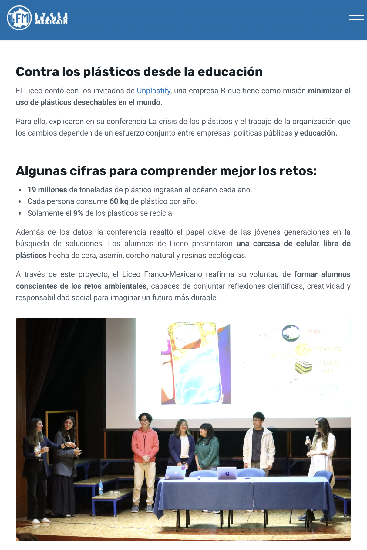 Participación de Unplastify en la Semana de las Ciencias 2026 del Liceo Franco-Mexicano, con estudiantes presentando proyectos, actividades de experimentación científica y una propuesta educativa sobre la reducción de plásticos.