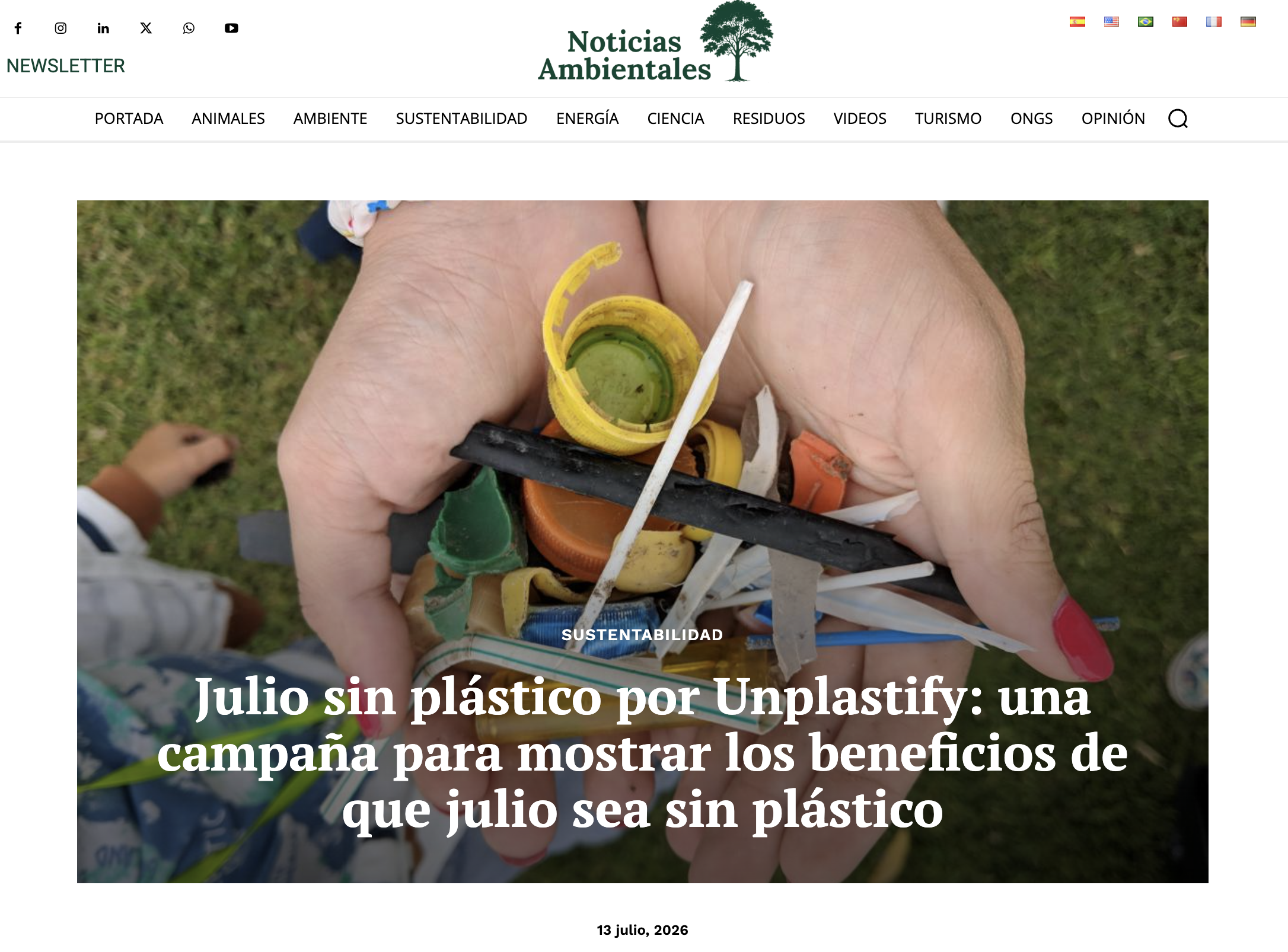 Captura de una nota de Noticias Ambientales sobre la campaña Julio Sin Plástico de Unplastify y sus beneficios en costos, salud y bienestar.