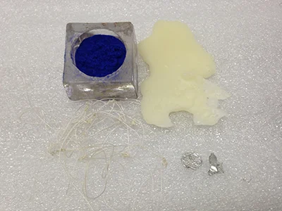 Record Number: 011 Collection Date: 24 Sept 2017 Description: Studio detritus, blue microfiber, solder, beeswax/tree resin, off-white nylon thread Dimension: vary