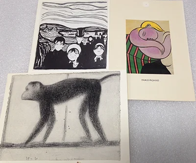 Record Number: 023 Collection Date: 21 Oct 2017 Description: Three postcards w/ reproductions of paintings by Munch, Picasso, Serat Dimension: 4" x 6" ea