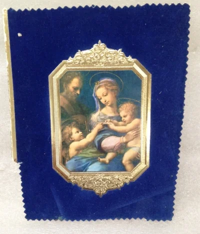 Record Number: 040 Collection Date: 21 Oct 2017 Description: Madonna of the Rose, blue velvet, gold stamp Dimension: 7 1/8" x 6"