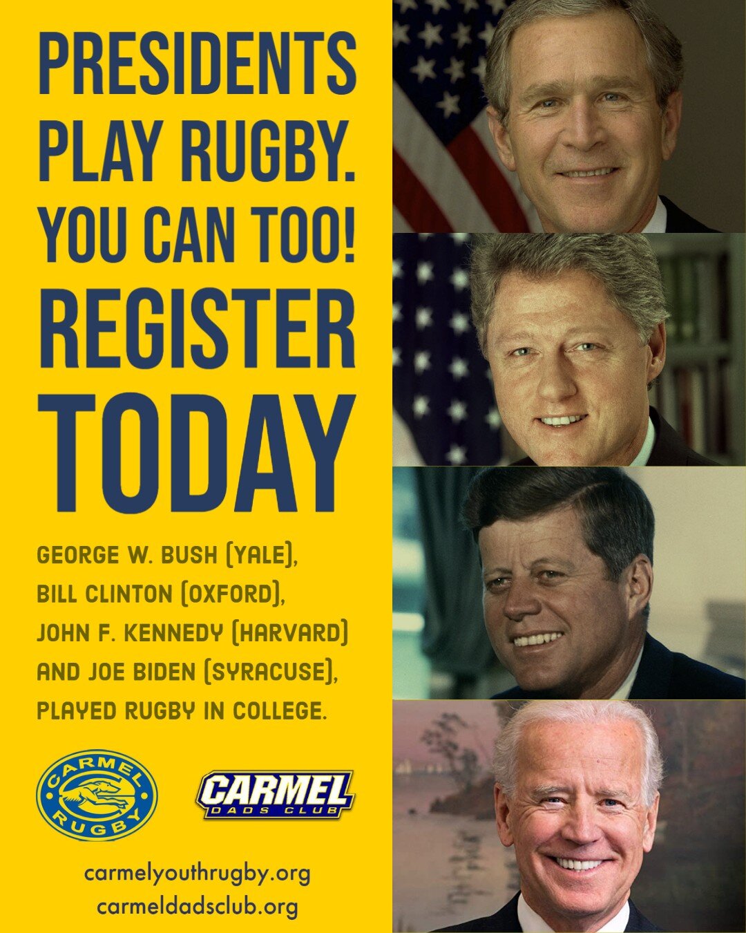 Happy Presidents Day to these four former ruggers! Join us on the pitch this season. Practice begins on March 1st! See link in bio. #PresidentsDay #rugby #rugbyfamily #rugbyplayer #boysrugby #girlsrugby #flagrugby #tacklerugby #carmelyouthrugby #carm