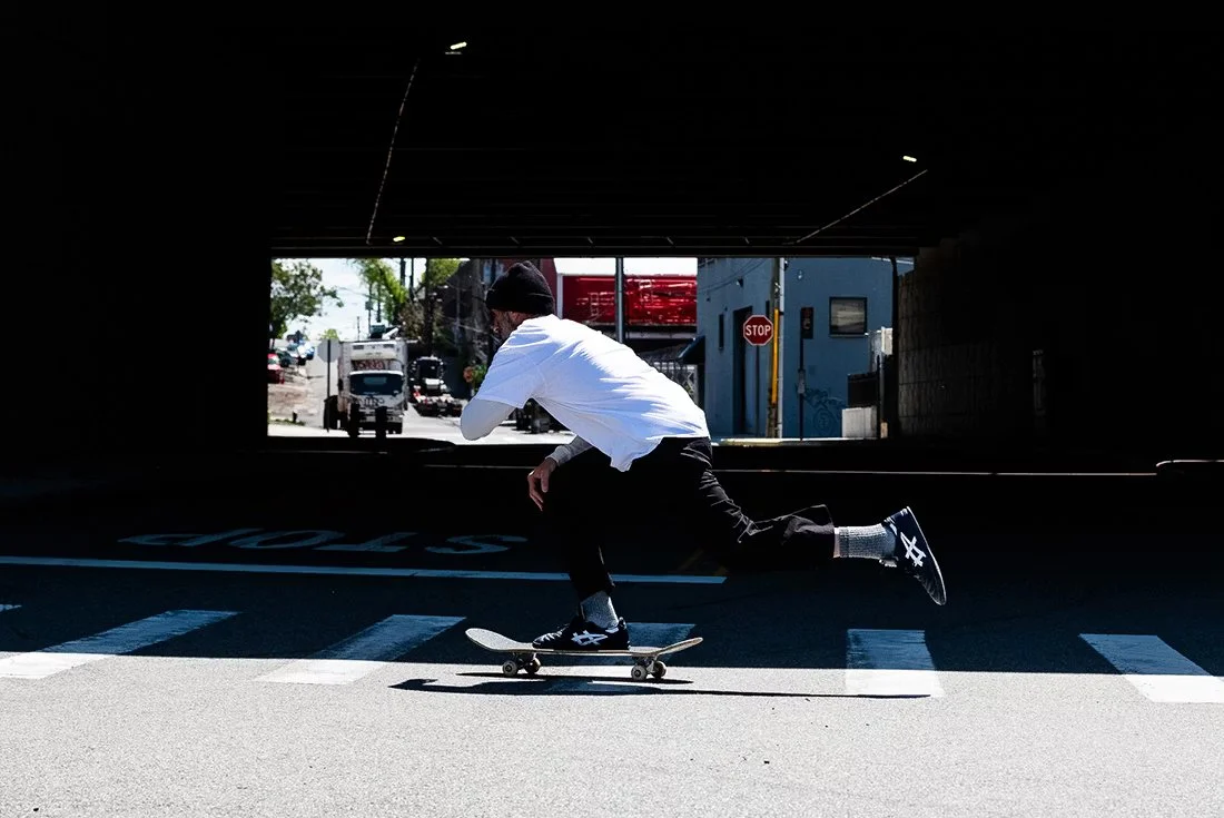 The partnership between skate veteran Iannucci and ASICS began, fittingly, without fanfare. In 2020, Gino wasn’t even looking for a new sponsor. ‘I was skating $20 slip-ons from Target,’ he laughs – basic canvas, boat-shoe style. The kind you’d wear
