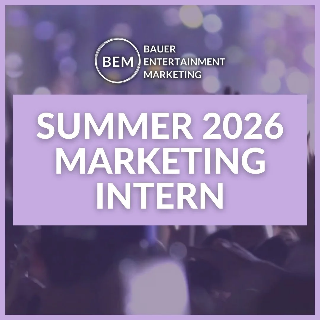 Summer 2026 entertainment marketing internship opening graphic from Bauer Entertainment Marketing with concert background, highlighting entry-level career opportunities in marketing for music, sports, and entertainment