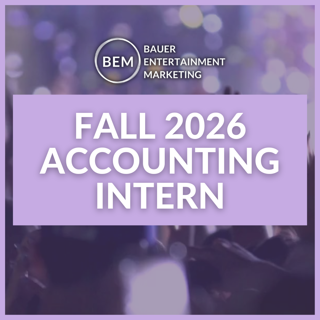 Fall 2026 accounting internship opening graphic from Bauer Entertainment Marketing with concert background, highlighting entry-level career opportunities in accounting & bookkeeping for music, sports, and entertainment