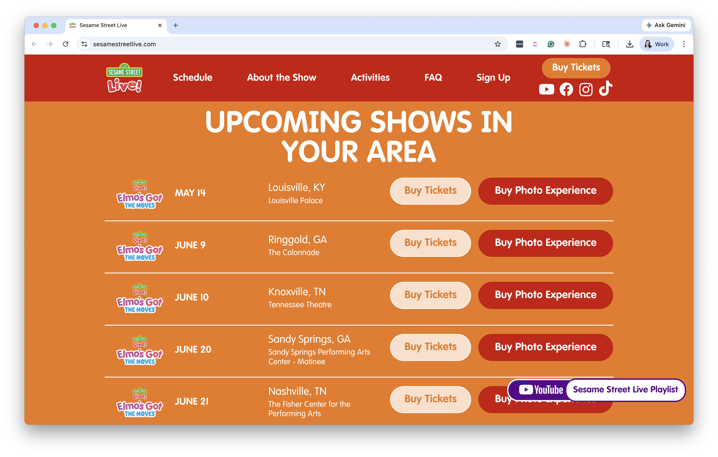 Sesame Street Live event website showing geotargeted tour dates under an "Upcoming Shows in Your Area" header, with Buy Tickets buttons next to each date