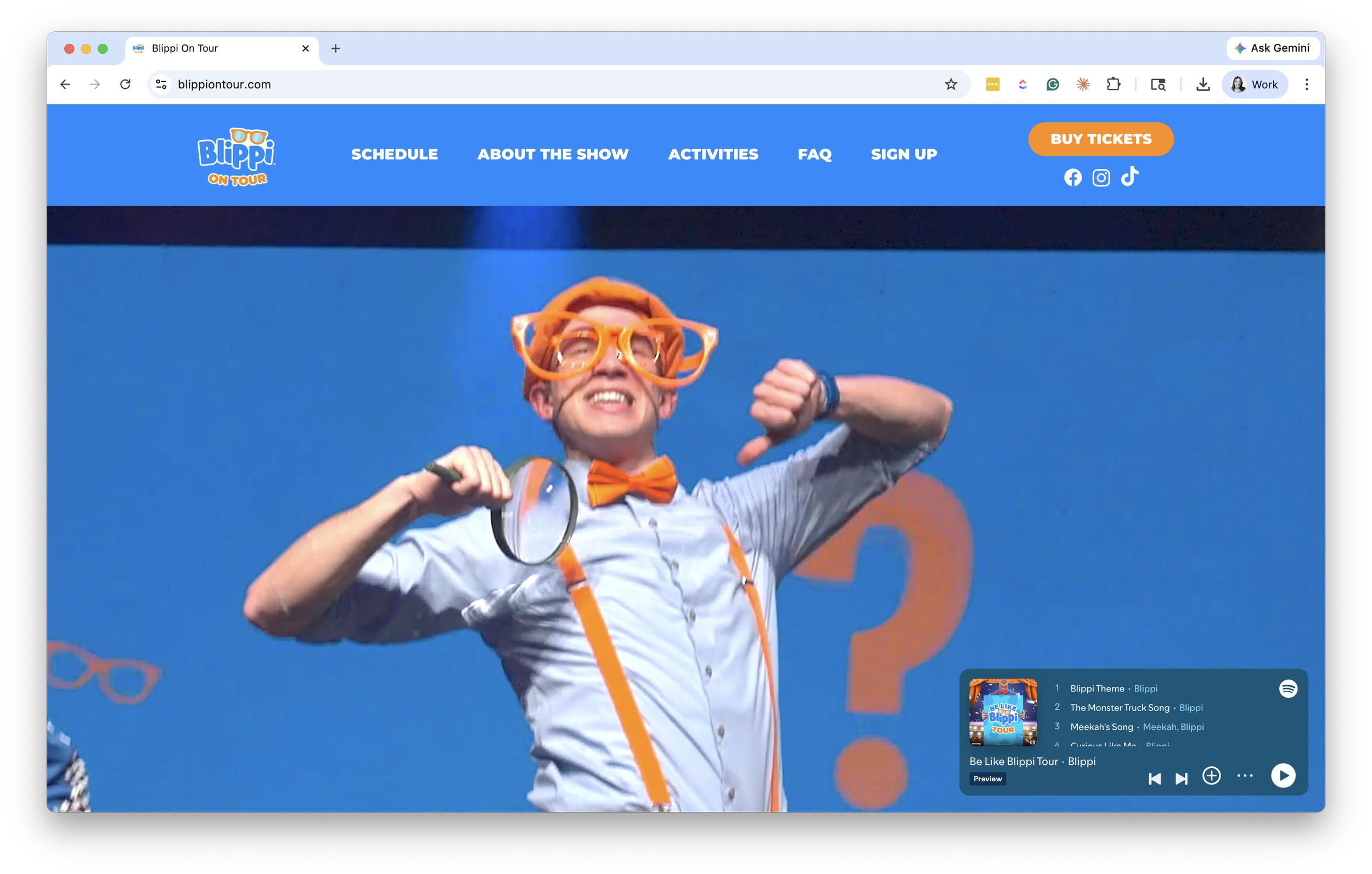 Blippi On Tour event website homepage with a prominent orange Buy Tickets button in the top right navigation