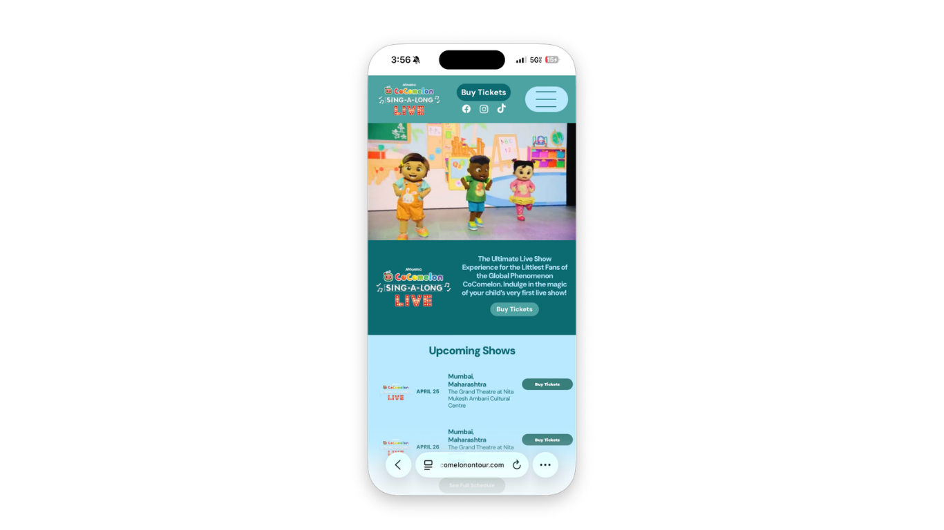 CoComelon Sing-A-Long Live event website displayed on a mobile phone, showing a Buy Tickets button and the upcoming tour schedule optimized for mobile browsing