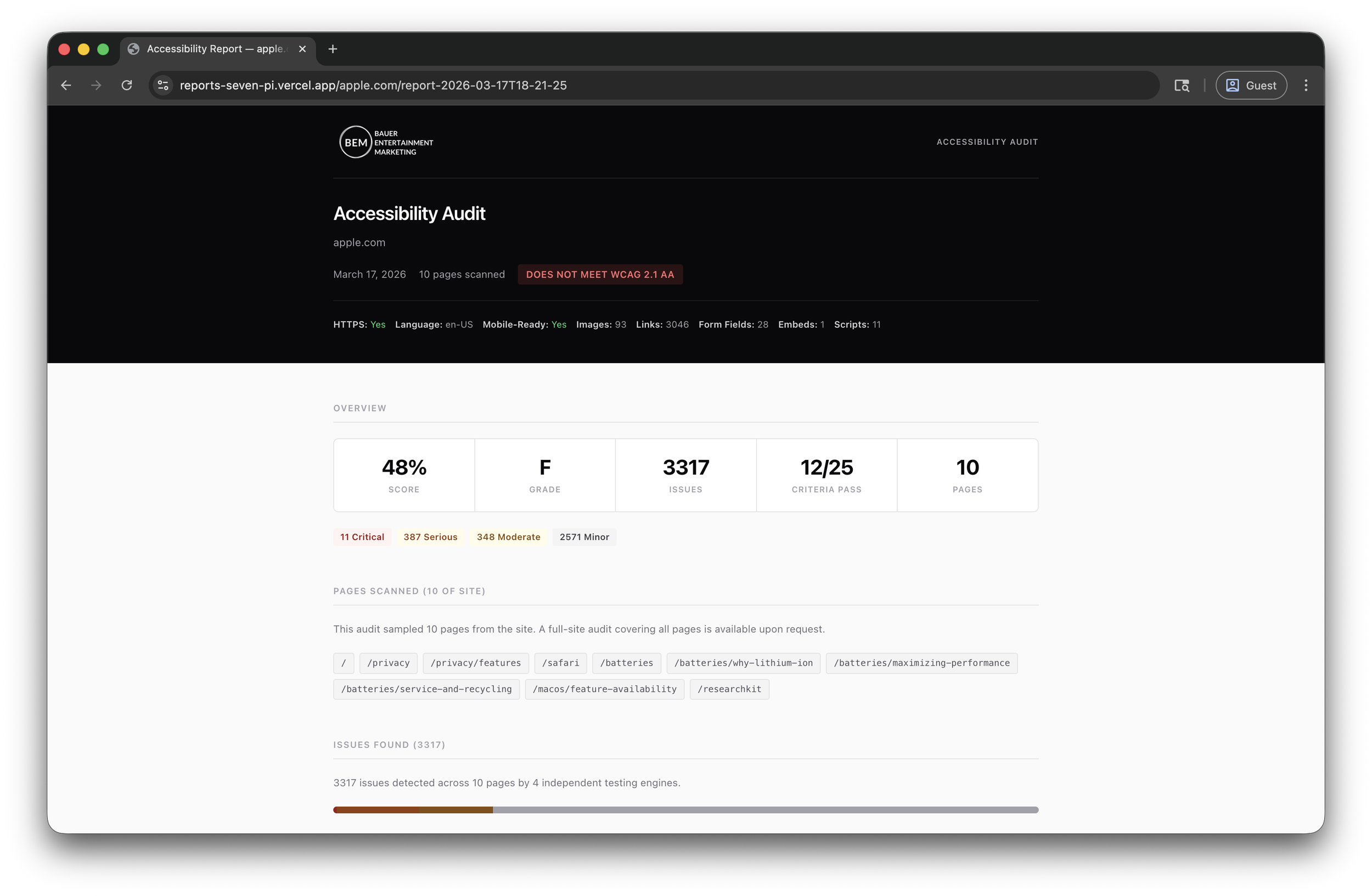 Website accessibility audit report showing apple.com scored 48% with an F grade and 3,317 WCAG 2.1 AA violations — generated by Bauer Entertainment Marketing's accessibility auditing service.