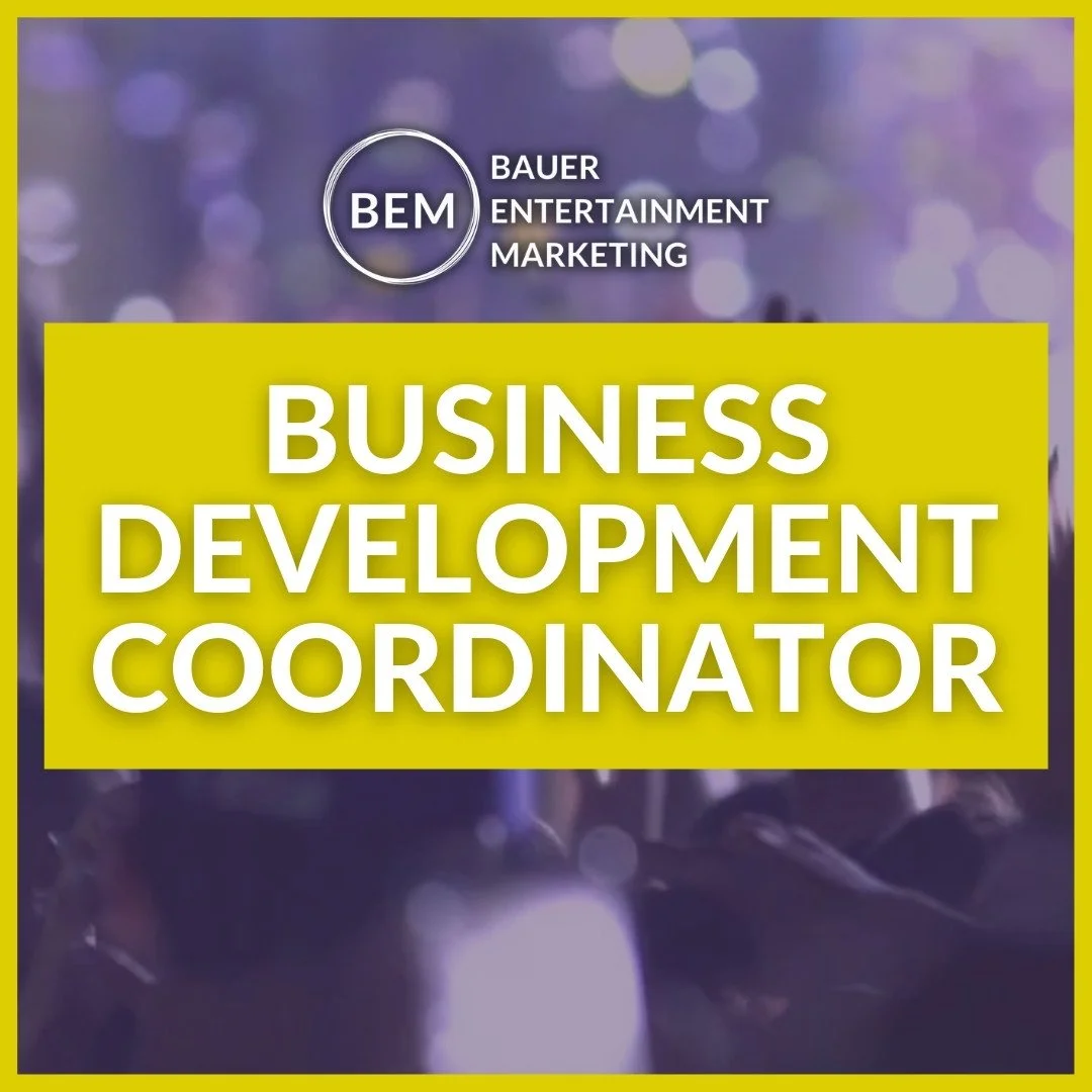 Business Development Coordinator job opening graphic from Bauer Entertainment Marketing with concert background, highlighting career opportunities in sales and business development for music and sports marketing