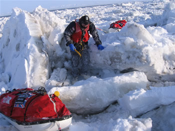 Karl and Dimitri crossing the moving ice of the Bering Strait. (Courtesy of Goliath Expedition)