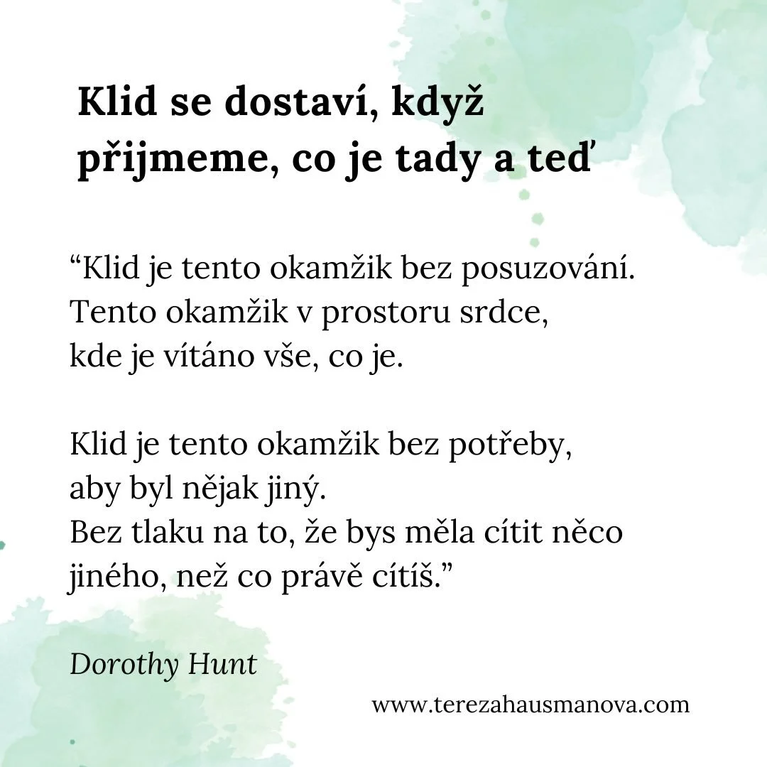 🤍 Klid spoč&iacute;v&aacute; v přijet&iacute; každ&eacute;ho okamžiku tak, jak je. 
Vypůjčila jsem si slova z b&aacute;sně od Dorothy Hunt &bdquo;Peace is this moment without judgment&ldquo;, kter&aacute; mě vždy pohlad&iacute; a spoj&iacute; s t&ia