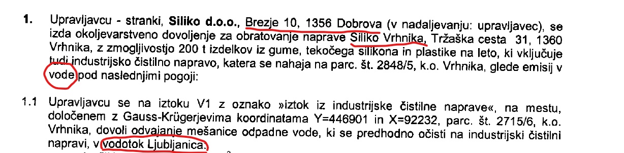 Okoljevarstveno dovoljenje za vodo (2012), za Siliko na Vrhniki, gre za dovoljeno količino izpustov v Ljubljanico.