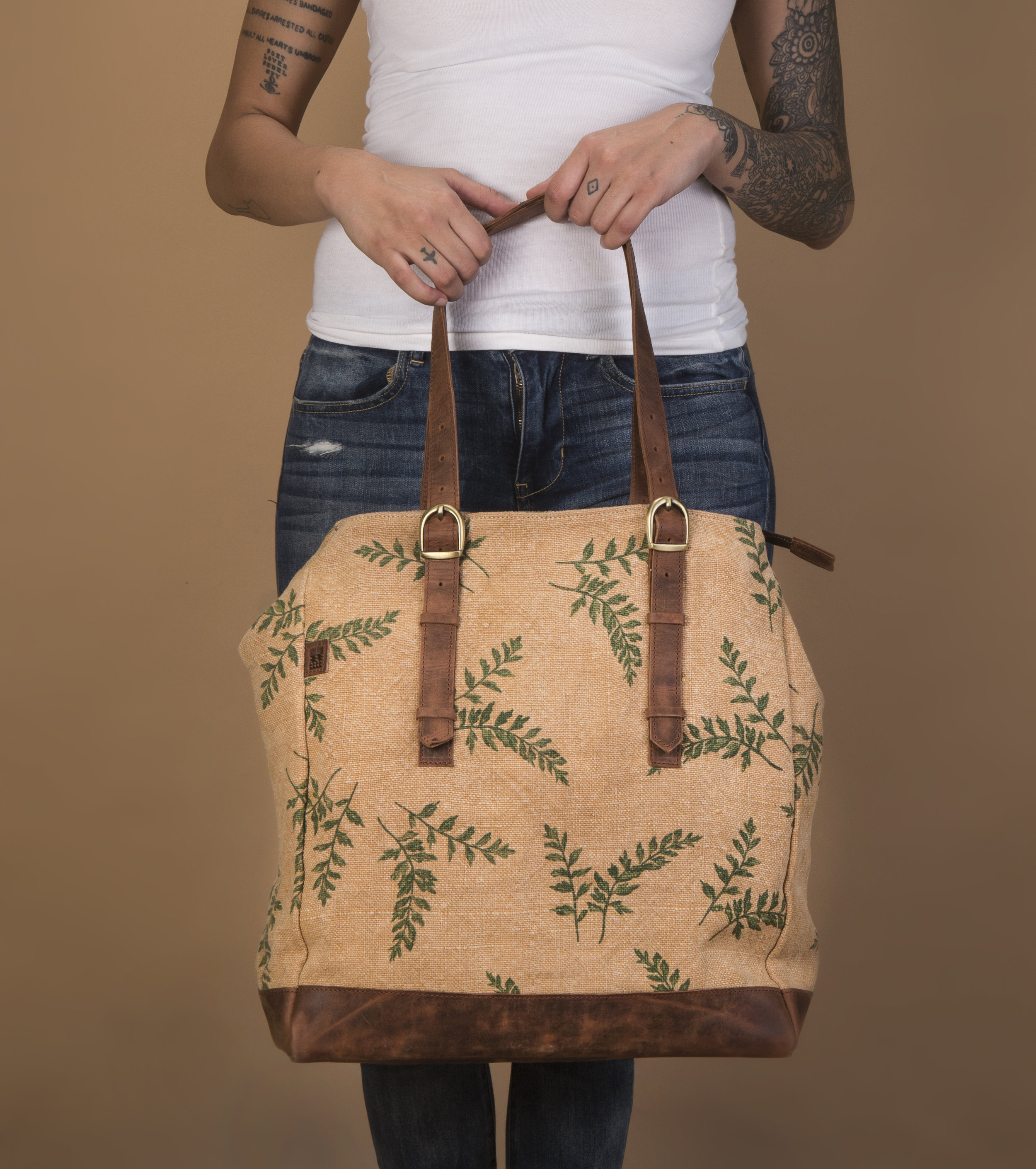 Camel tulsi printed tote with leather base.jpg