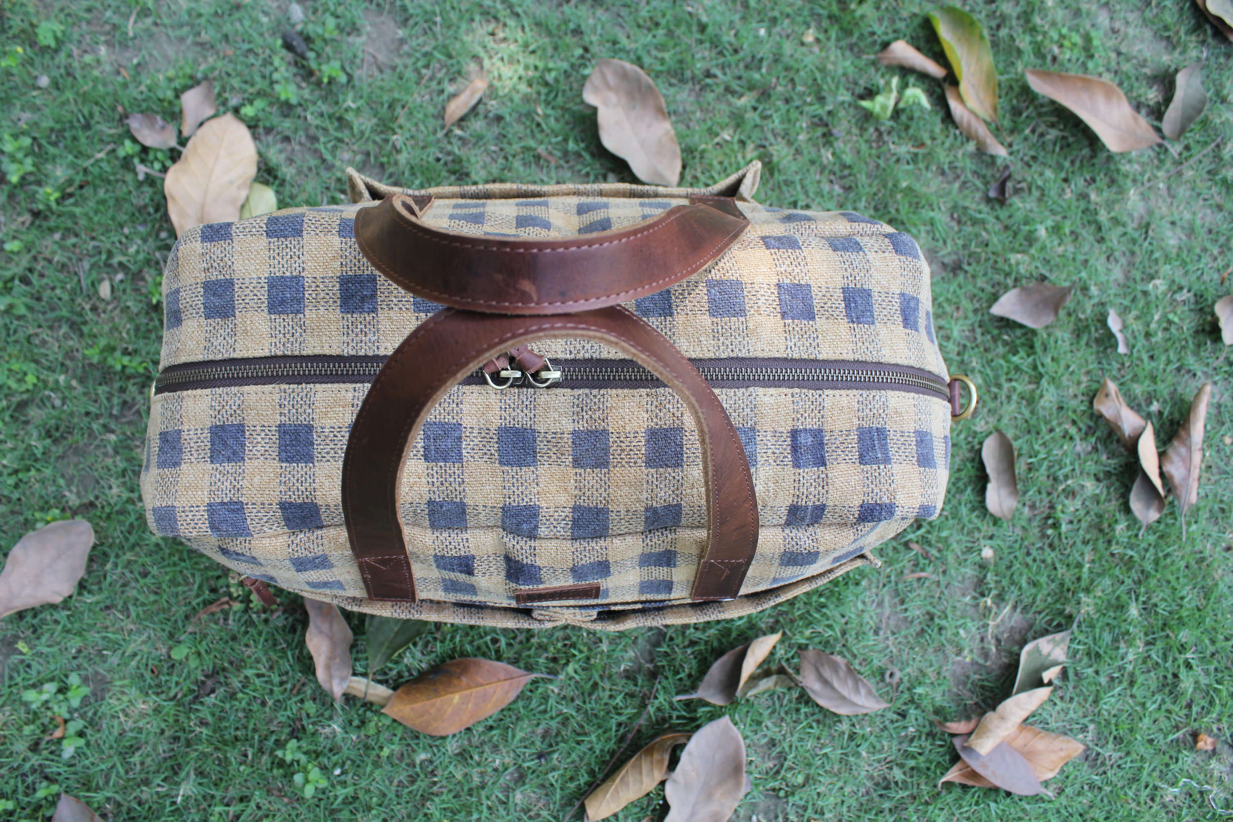 Diaper Bag Camel and Blue check.JPG