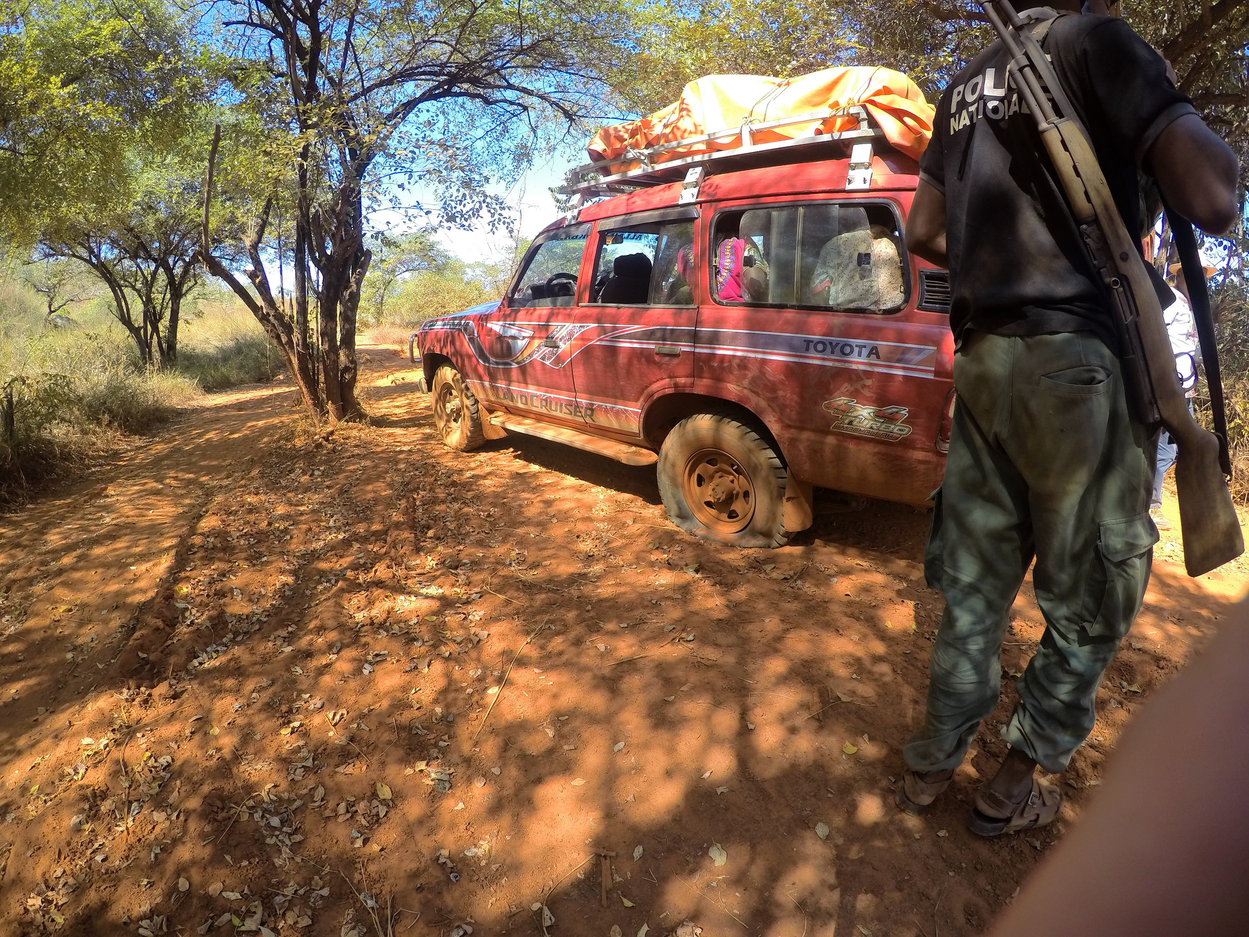 We hit a tree stump and it blew the tire. We were only 1o km away from Andronomovo. 