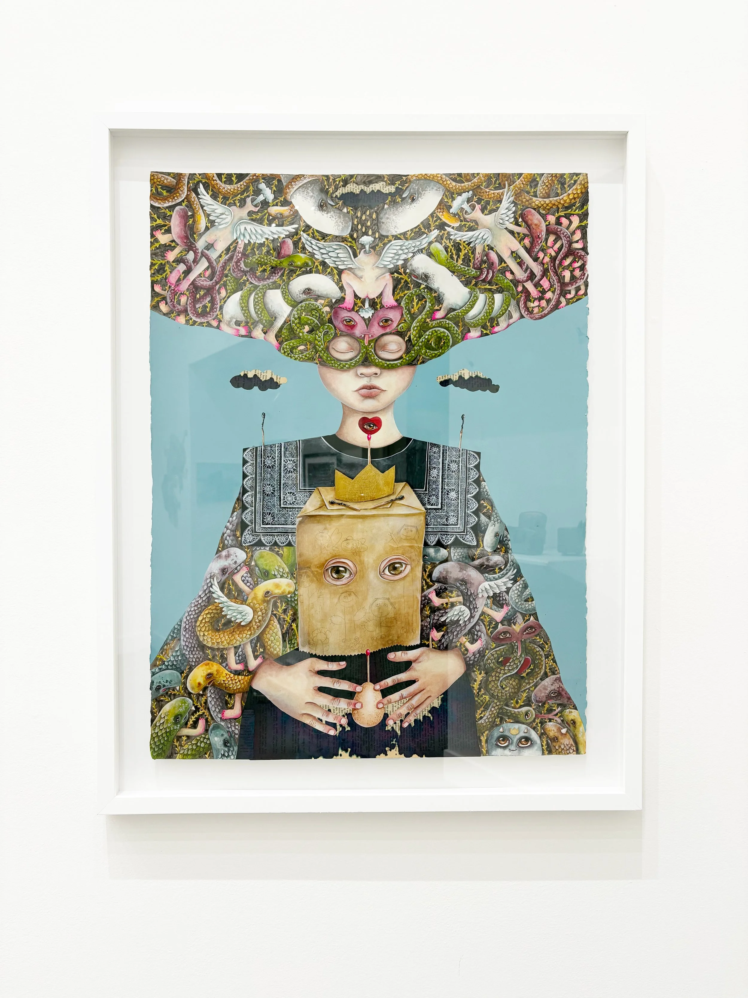  Heart in the Throat  Lisa Torske  22 in x 30 in  Acrylic on cotton paper, collage, and gold leaf 