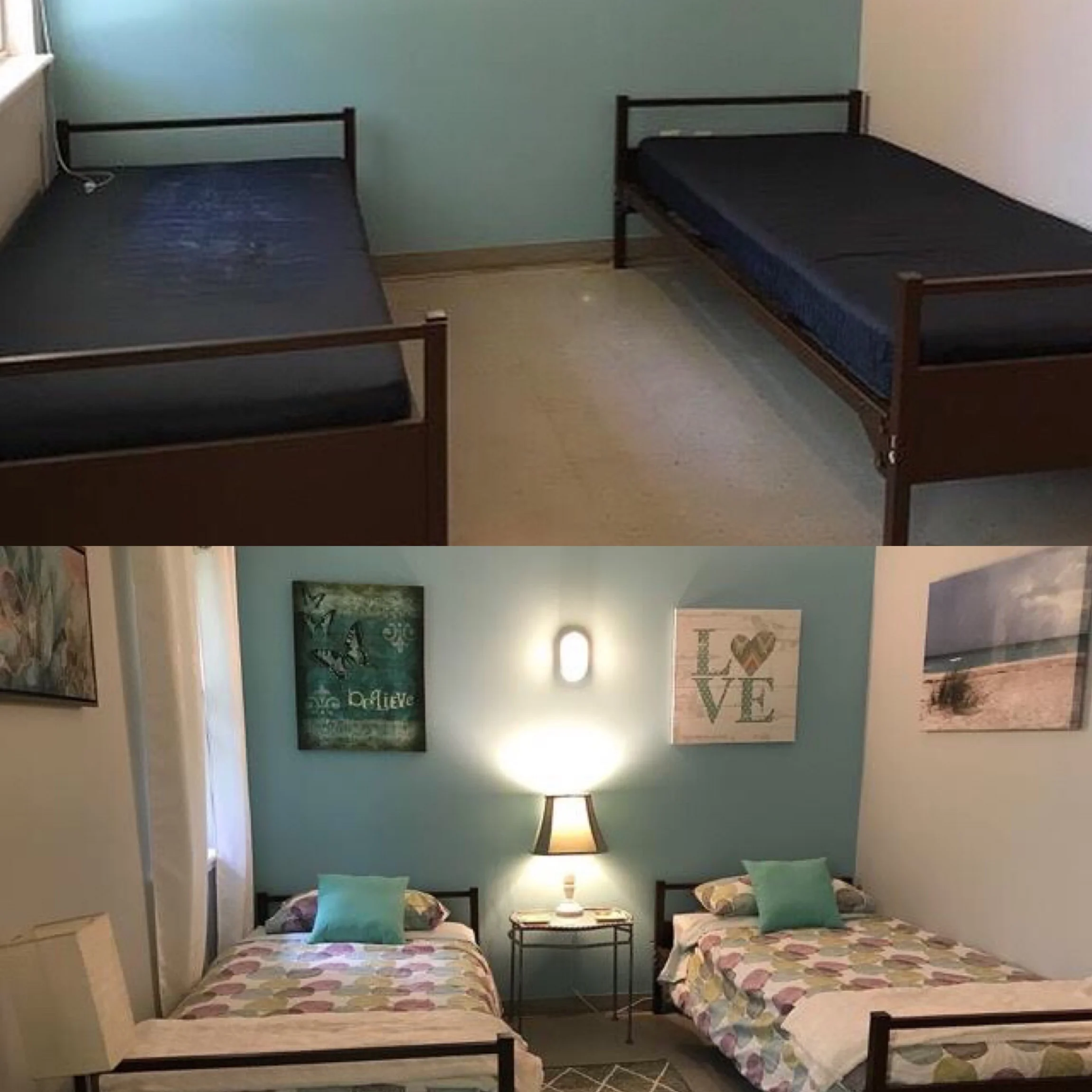 Before and after shelter bedroom transformation