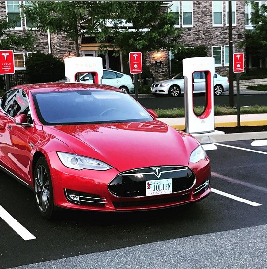 Tesla electric vehicle charging station at Stonefield Commons in Charlottesville