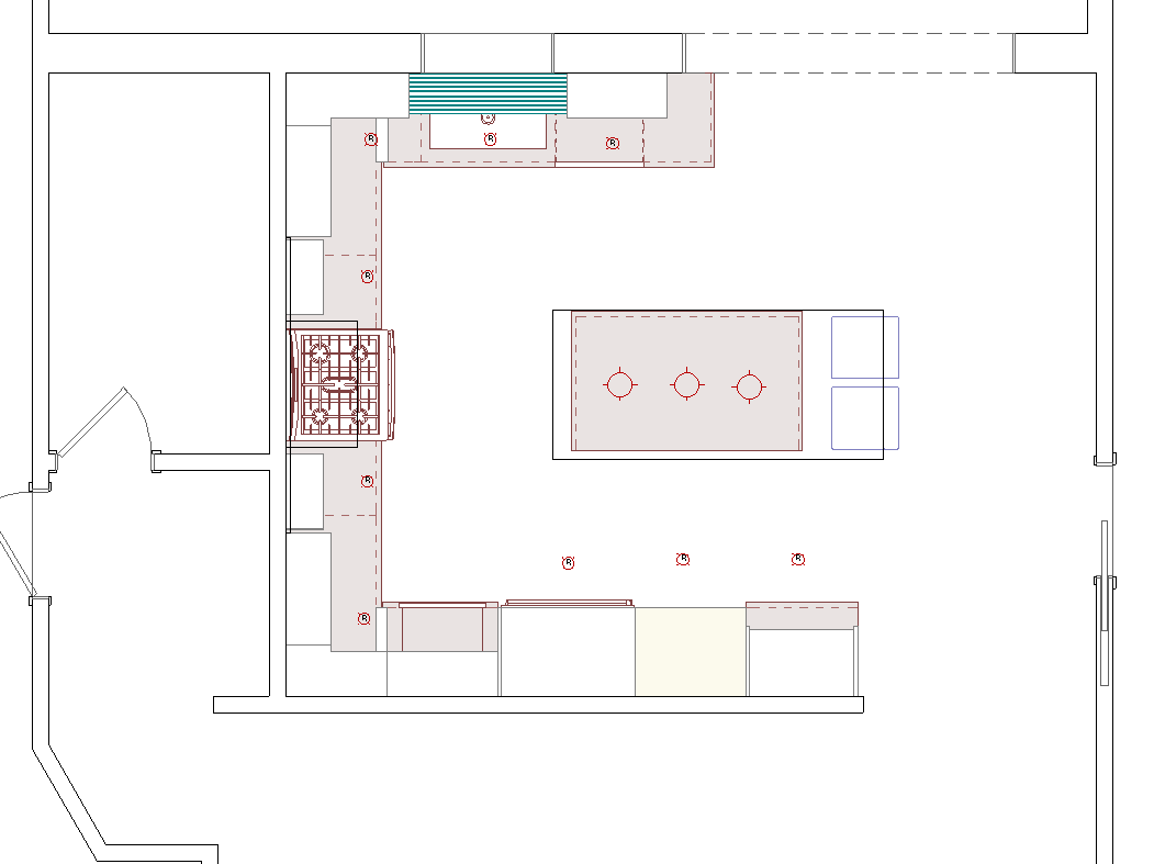 The new floorplan- centered range, proper pantry, microwave drawer, island with seating, and a cleanup zone by the sink and dishwasher.