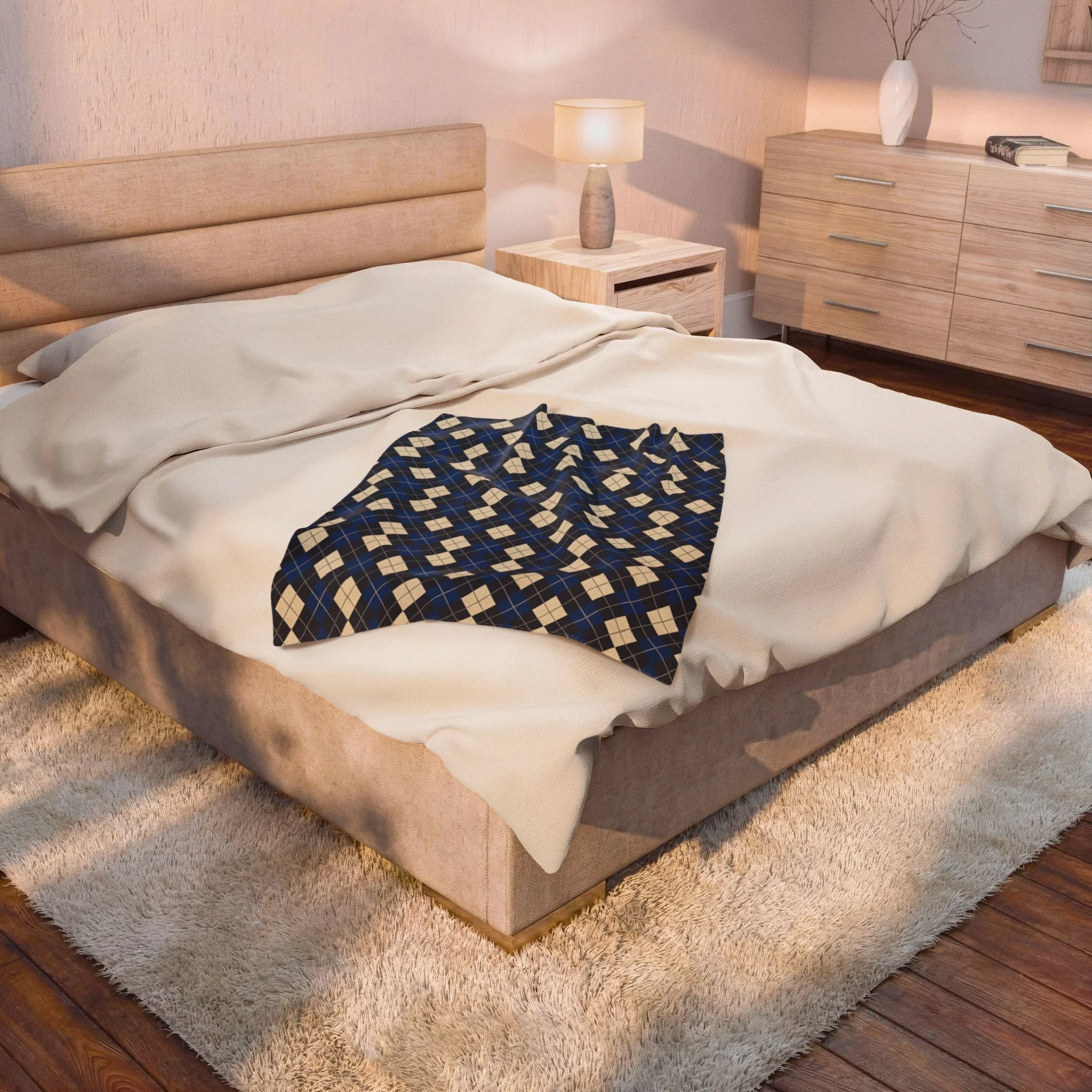 Navy Blue Argyle Velveteen Plush Blanket