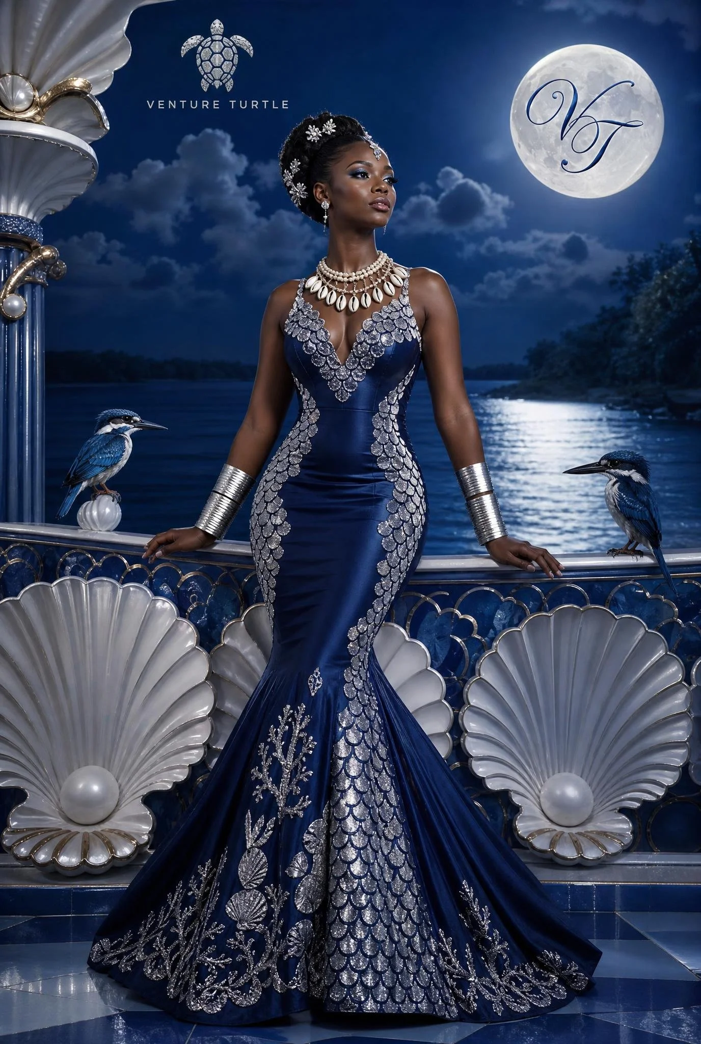 Woman in an elegant, navy blue gown with silver embellishments, jewelry, and an updo hairstyle standing on a decorated platform with a moon backdrop, decorated with shells and two blue birds.