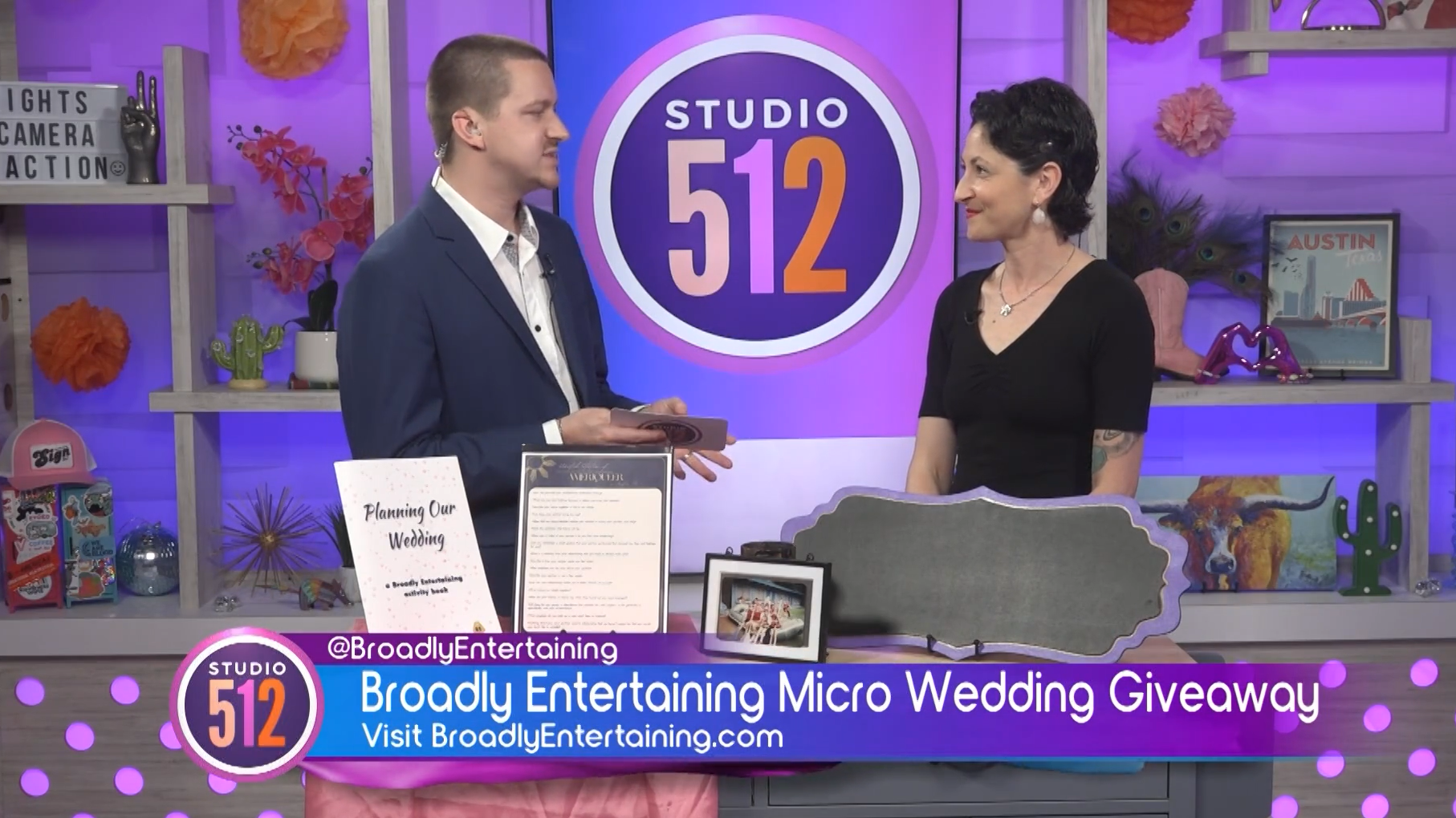 Blake Haynes (left) and Jamie Rosler (right) promoting Broadly Entertaining Micro Wedding Giveaway on KXAN's Studio 512 in Austin