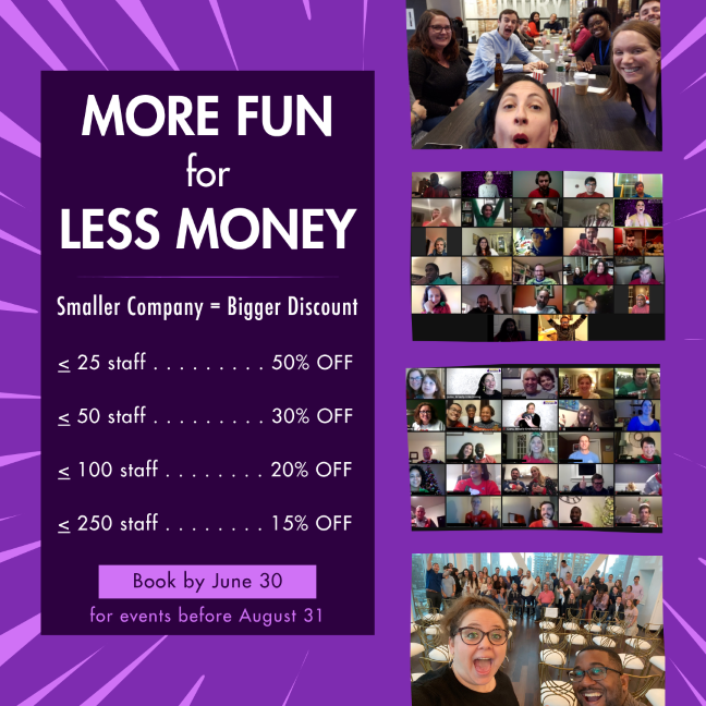 Smaller Company = Bigger Discount / 25 staff or less gets 50% off / 50 staff or less gets 30% off / 100 staff or less gets 20% off / 250 staff or less gets 15% off |